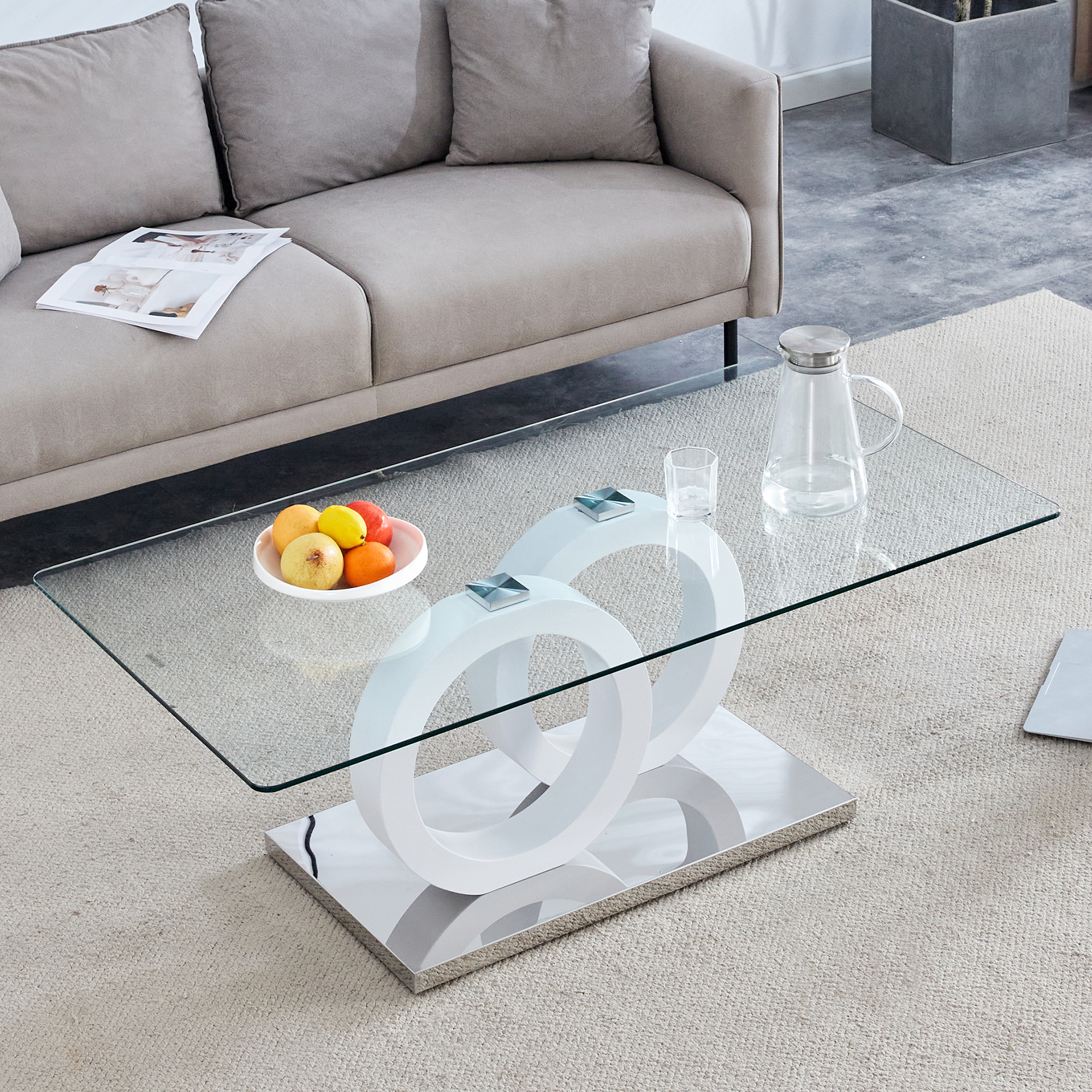 Contemporary Style Glass-Top MDF Coffee Table With White Base - Suitable For Living Rooms And Lounge Areas, Product Dimensions Are 47.2x25.6x17.8Inches. — foto 4