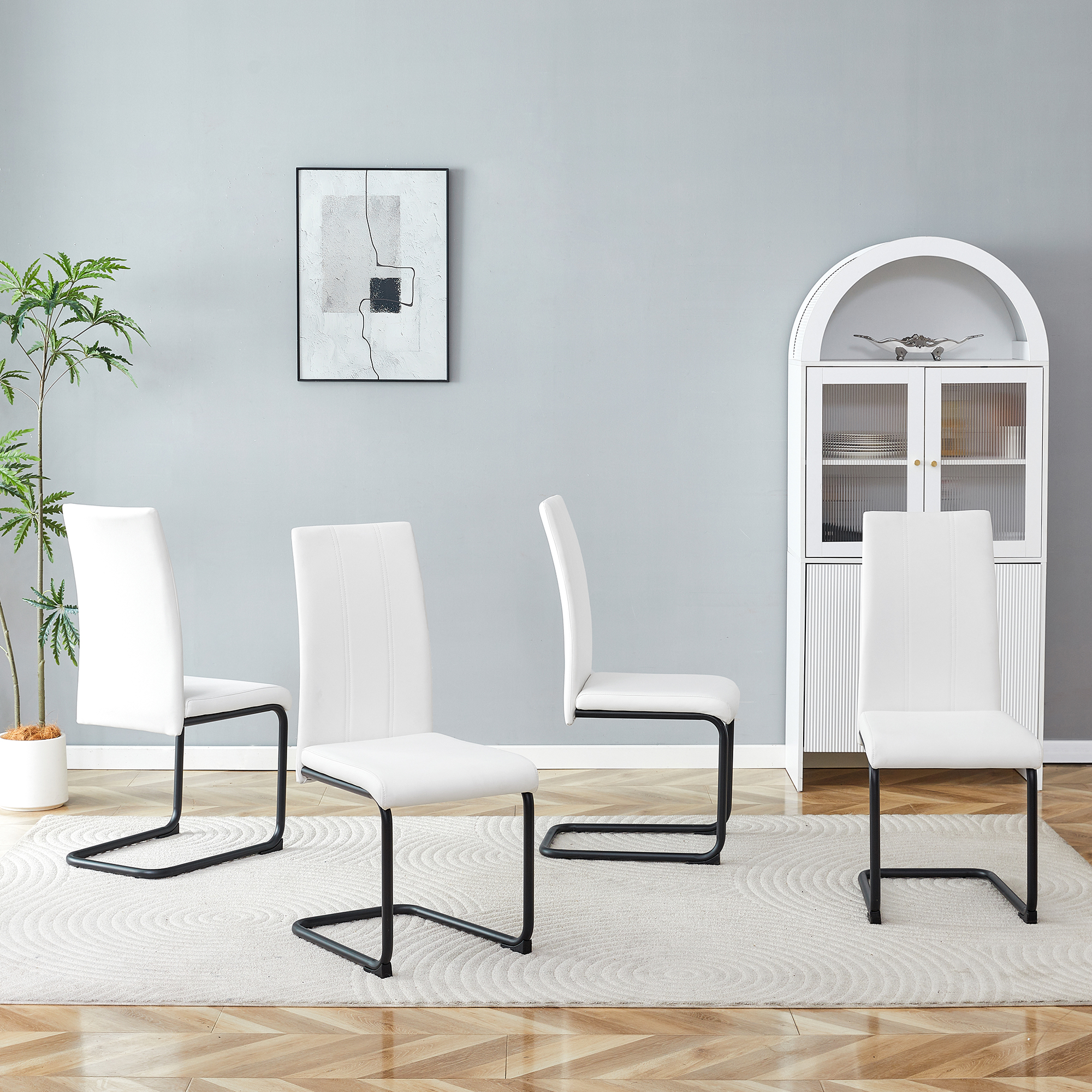4-Pack White PU Upholstered Dining Chairs - Modern Kitchen Side Chairs With Sturdy Black Powder-Coated Metal Tube Legs, Comfortable High-Back Seating For Dining Room, Kitchen & Living Room