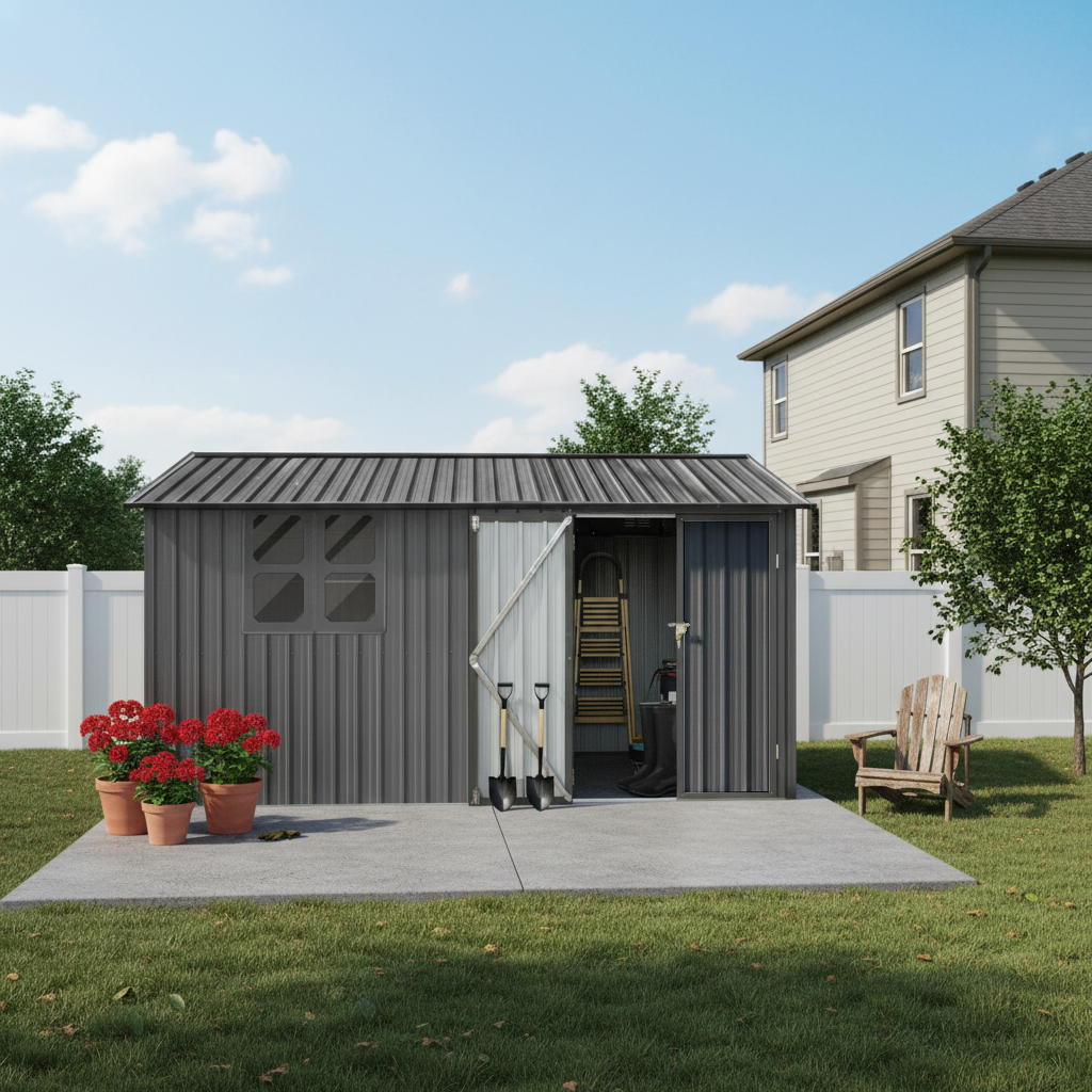 12x10 Ft Metal Garden Sheds Outdoor Storage Sheds Grey With Window With Goods Shelves — foto 4