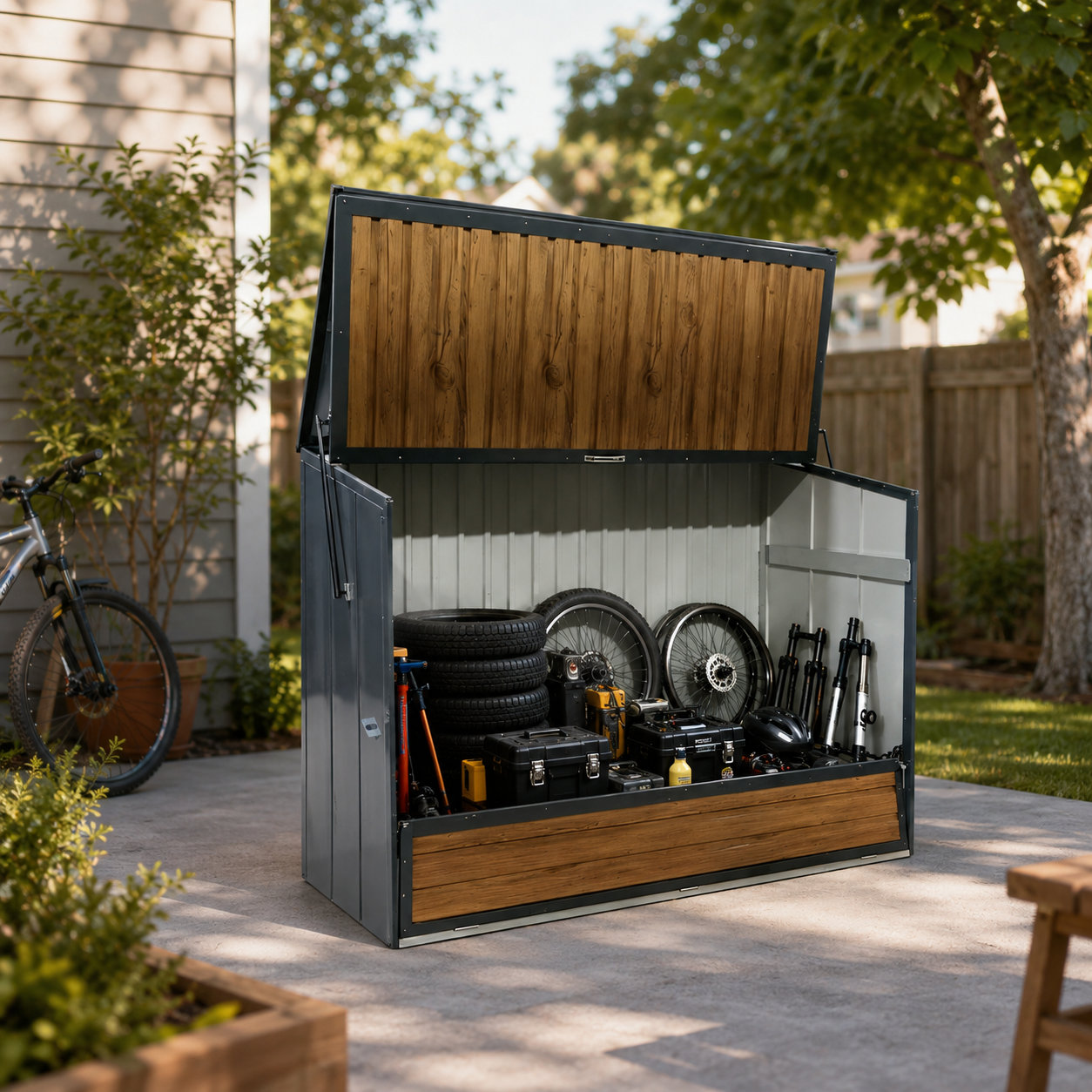 Wood Grain Galvanized Steel Storage Cabinet, Lift-Up Top & Foldable Front Door Large Capacity Tool Cabinet For Indoor, Garage product image