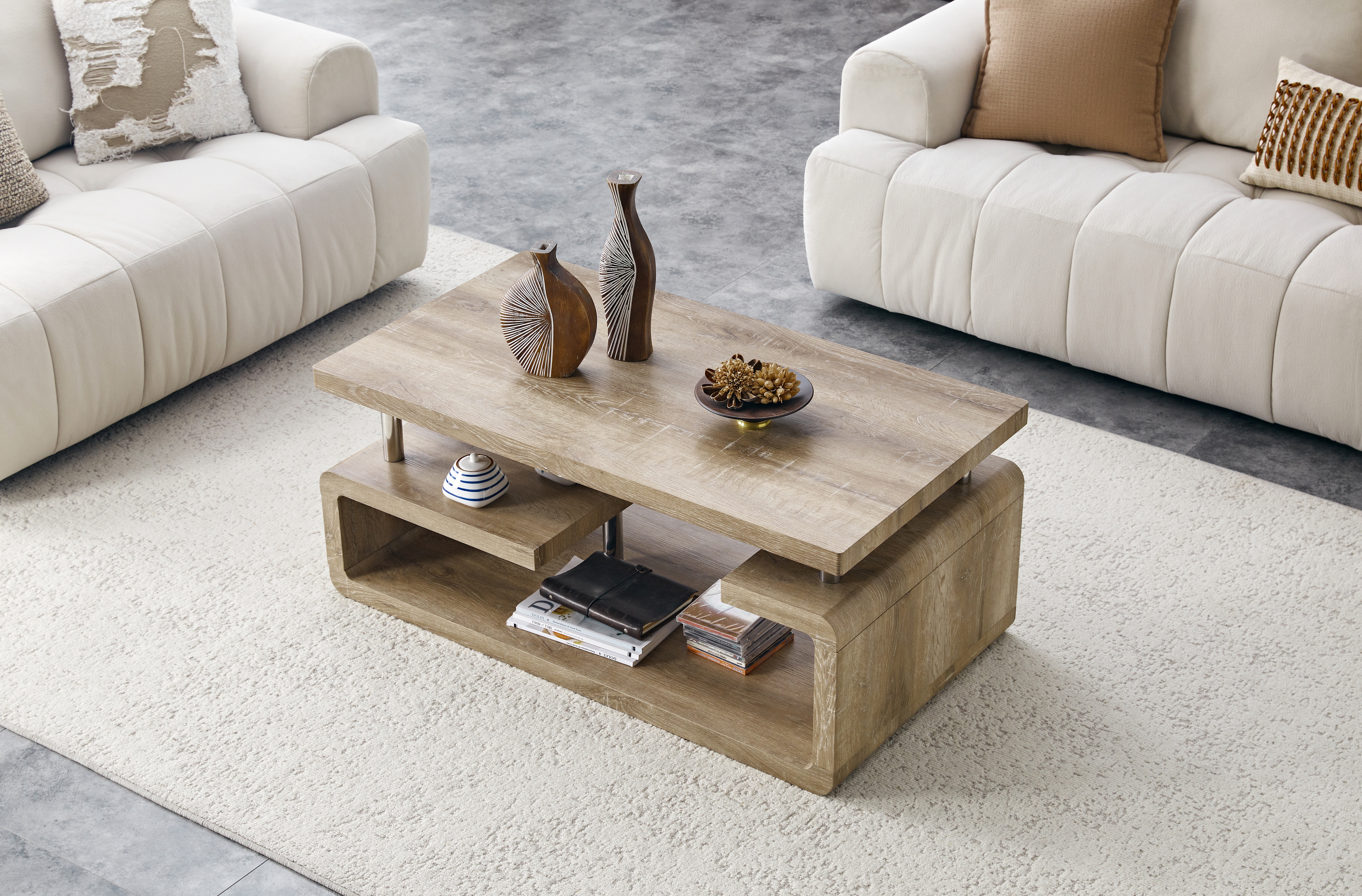 MDF Coffee Table With Carved Knife Wood Grain, Multi-Storage Open Compartments Coffee Table For Living Room Office Modern Home Decor — foto 4