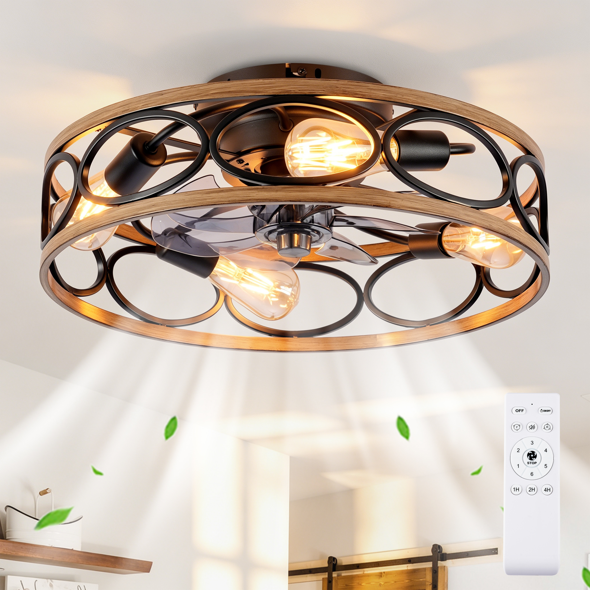 19INCH 7 Blades Caged Ceiling Fan With Remote Control ,Flush Mount Ceiling Fan With Light Kit ,Reversible Motor, DC Remote Control,6 Speed Ceiling Fan,Timing Fan Lamp--NOT Included Bulbs Matte Black — foto 3