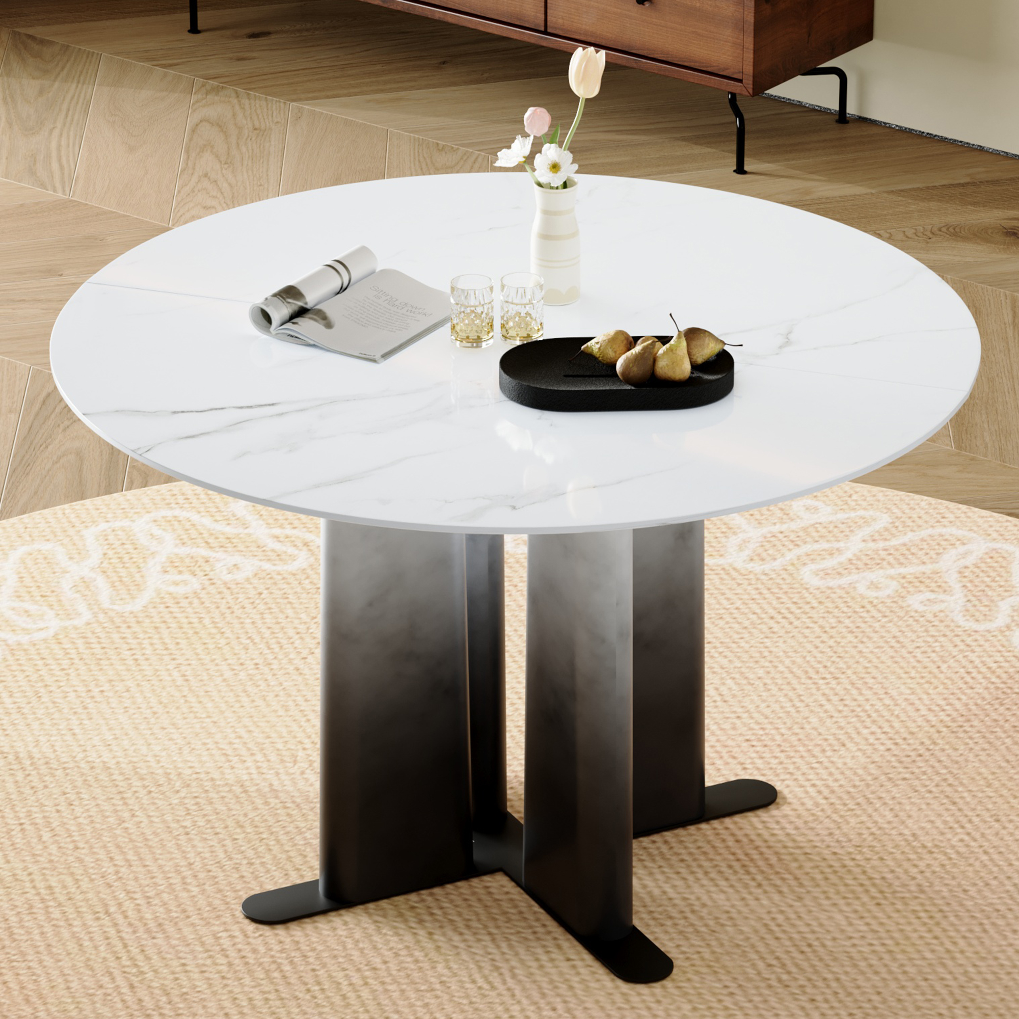 Round White Marble Pattern MDF Dining Table