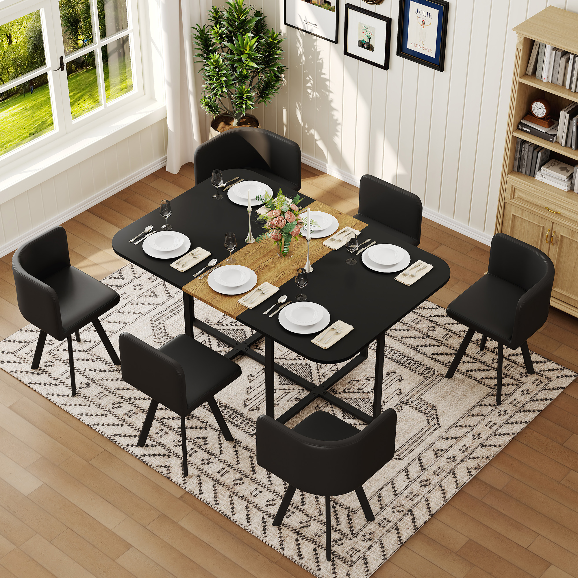 7 Piece Dining Table Set With 6 Black PU Chairs, Two-Tone Black & Wood Grain Rectangular Kitchen Table  Triamine Board , Modern Dining Room Furniture Set For Small Space, Apartment, Restaurant — foto 2