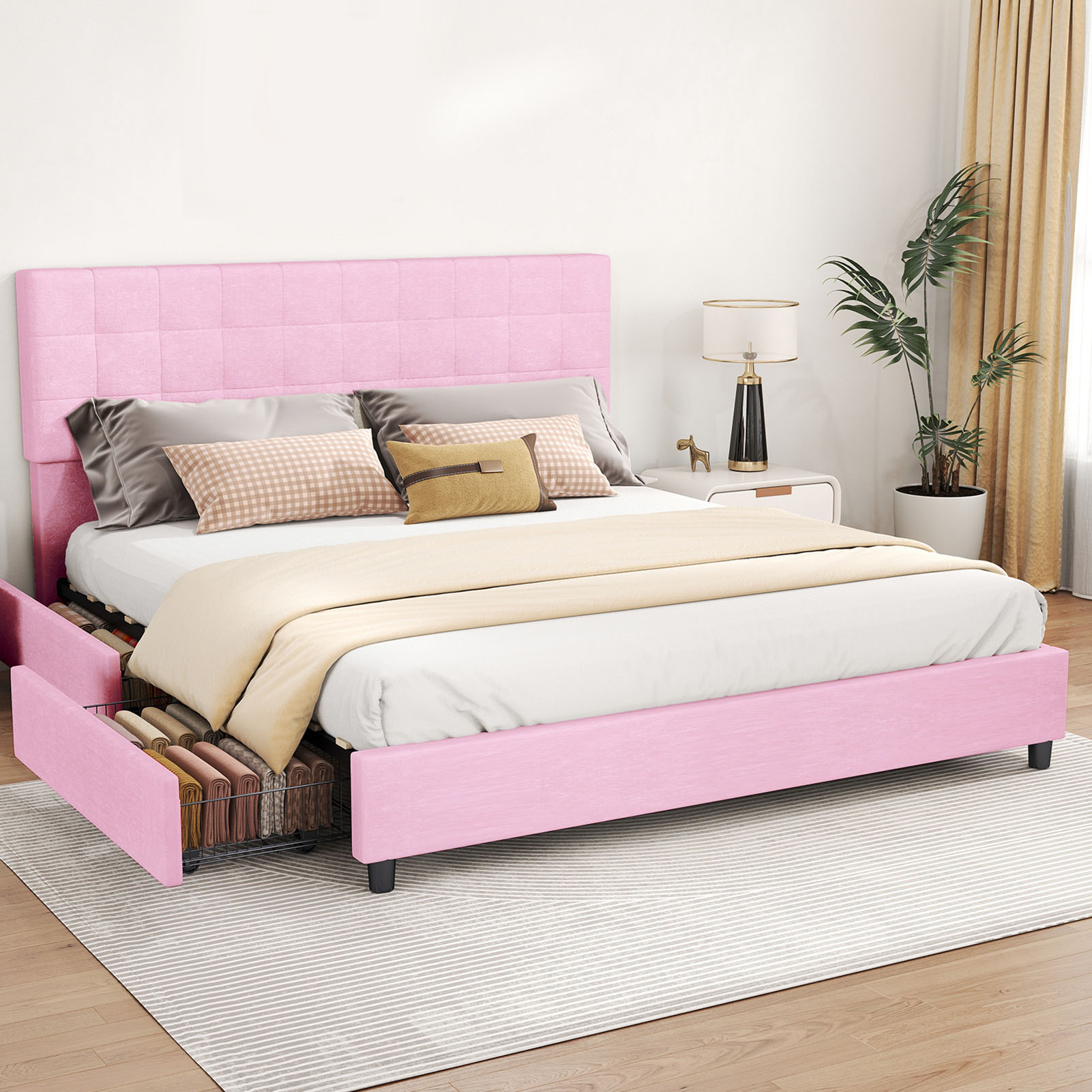King Size Bed Frame Upholstered Vertical Channel Headboard Bed Frame With 4 Storage Drawers Wood Slats No Box Spring Needed Easy Assembly For Bedroom product image