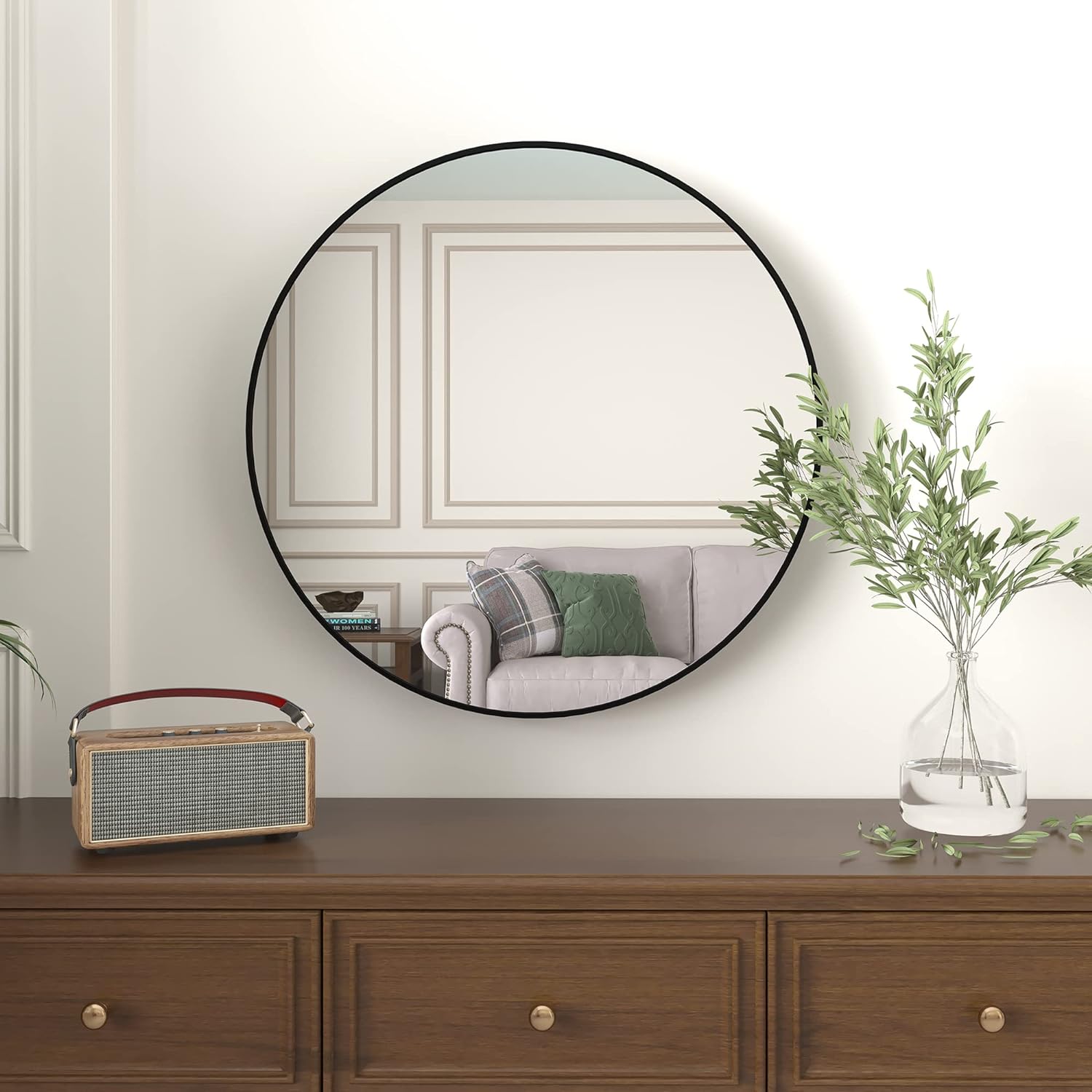 Miroir de salle de bain rond avec cadre en métal noir de 36 pouces pour mur