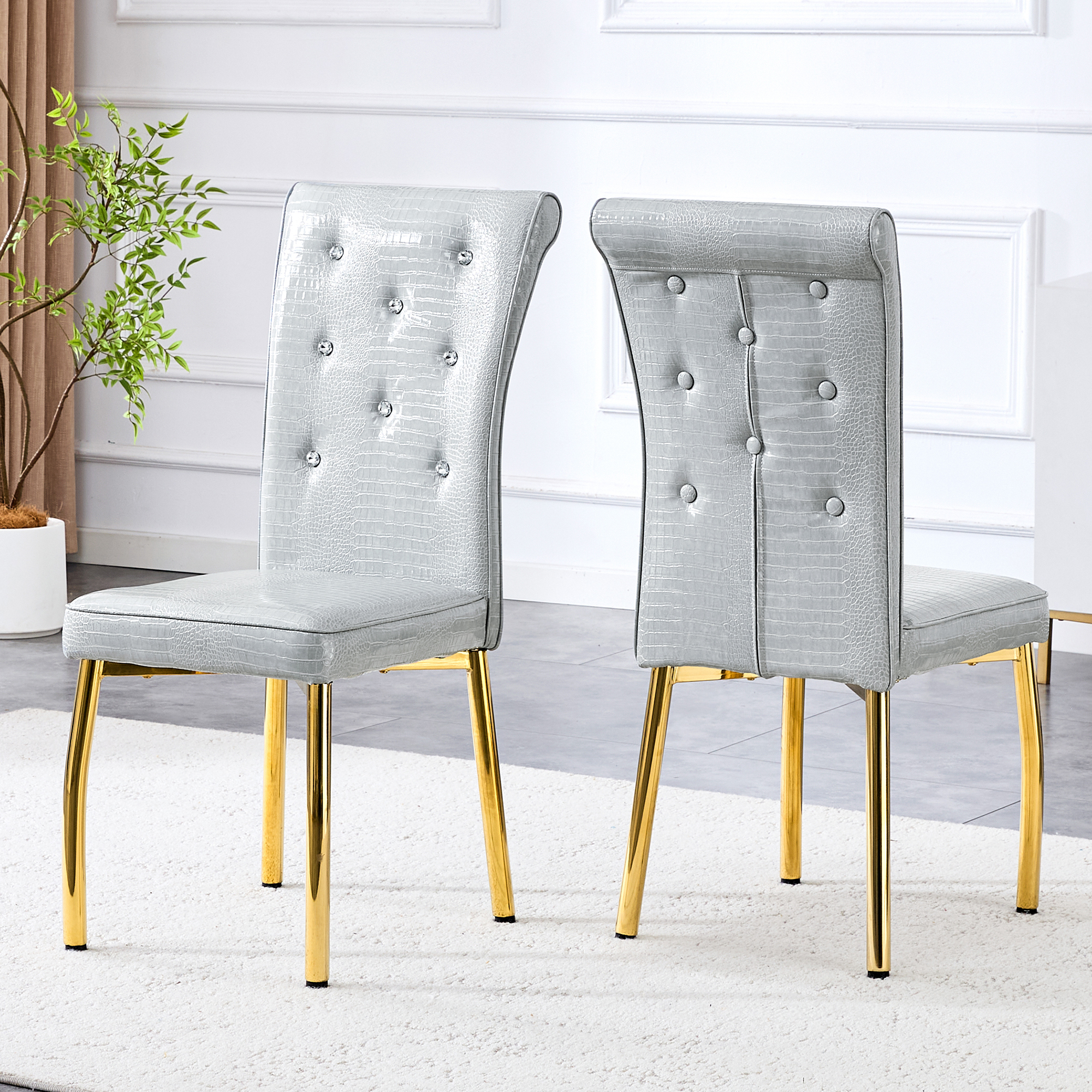 A Set Of 2 Gray And Gold Vintage Crocodile Leather Cushioned Dining Chairs, Featuring Crystal Clasp Design And Artificial Leather Design, Adding A Touch Of Elegance And Mystery To The Dining Area — foto 3