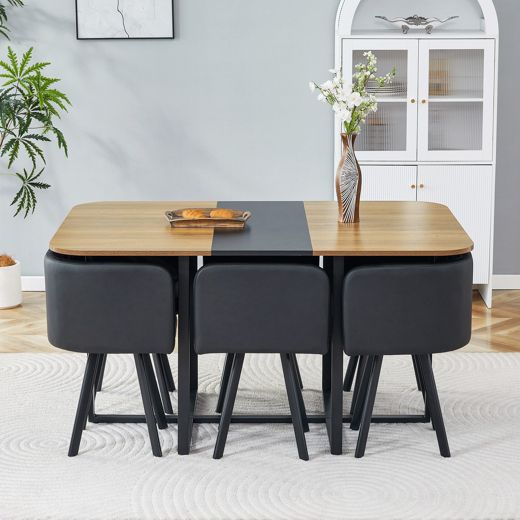 7-Piece Dining Table Set For 6, 1 Table & 6 Black PU Upholstered Chairs, Black & Wood Grain Melamine Table, Modern Kitchen Nook Set For Dining Room, Apartment & Small Space — foto 4