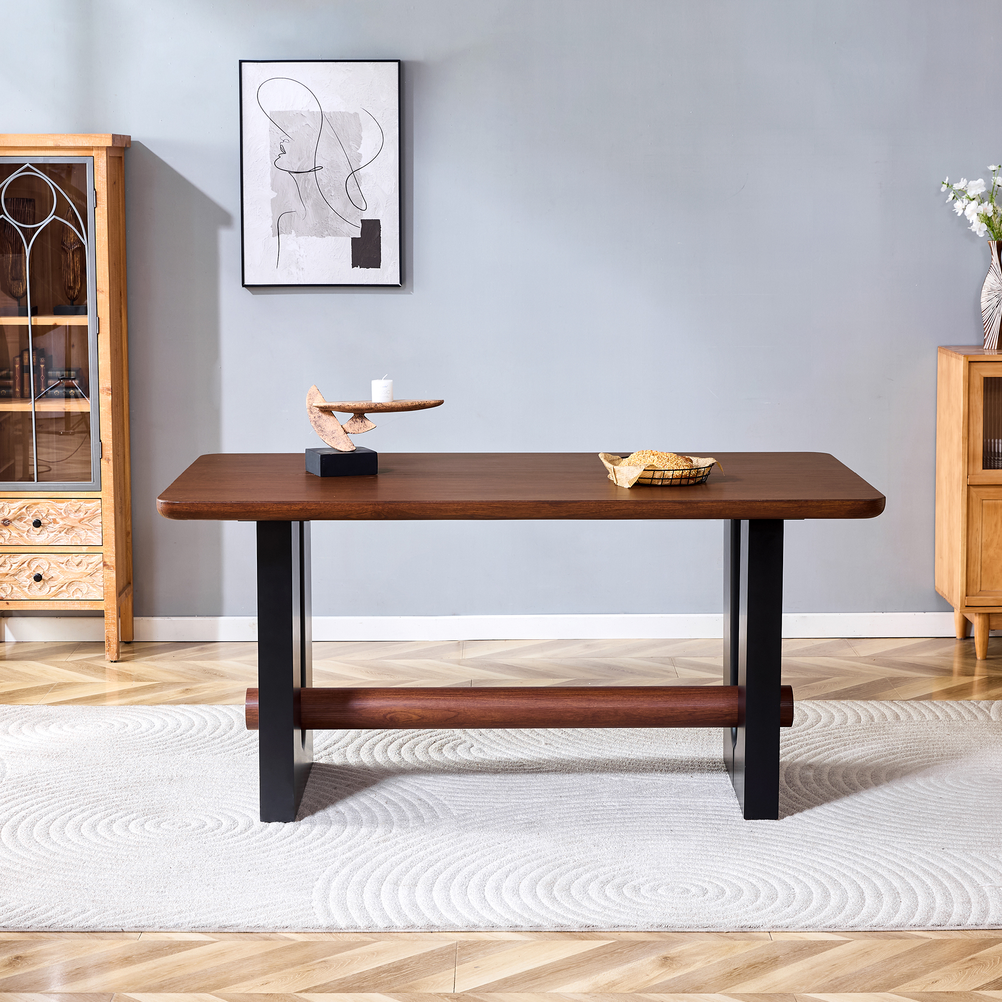 All-MDF Walnut & Black Dining Table, Modern Compact Kitchen Table For Small Spaces, Sturdy Home Apartment Dining Room Furniture With Sleek Two-Tone Finish — foto 4