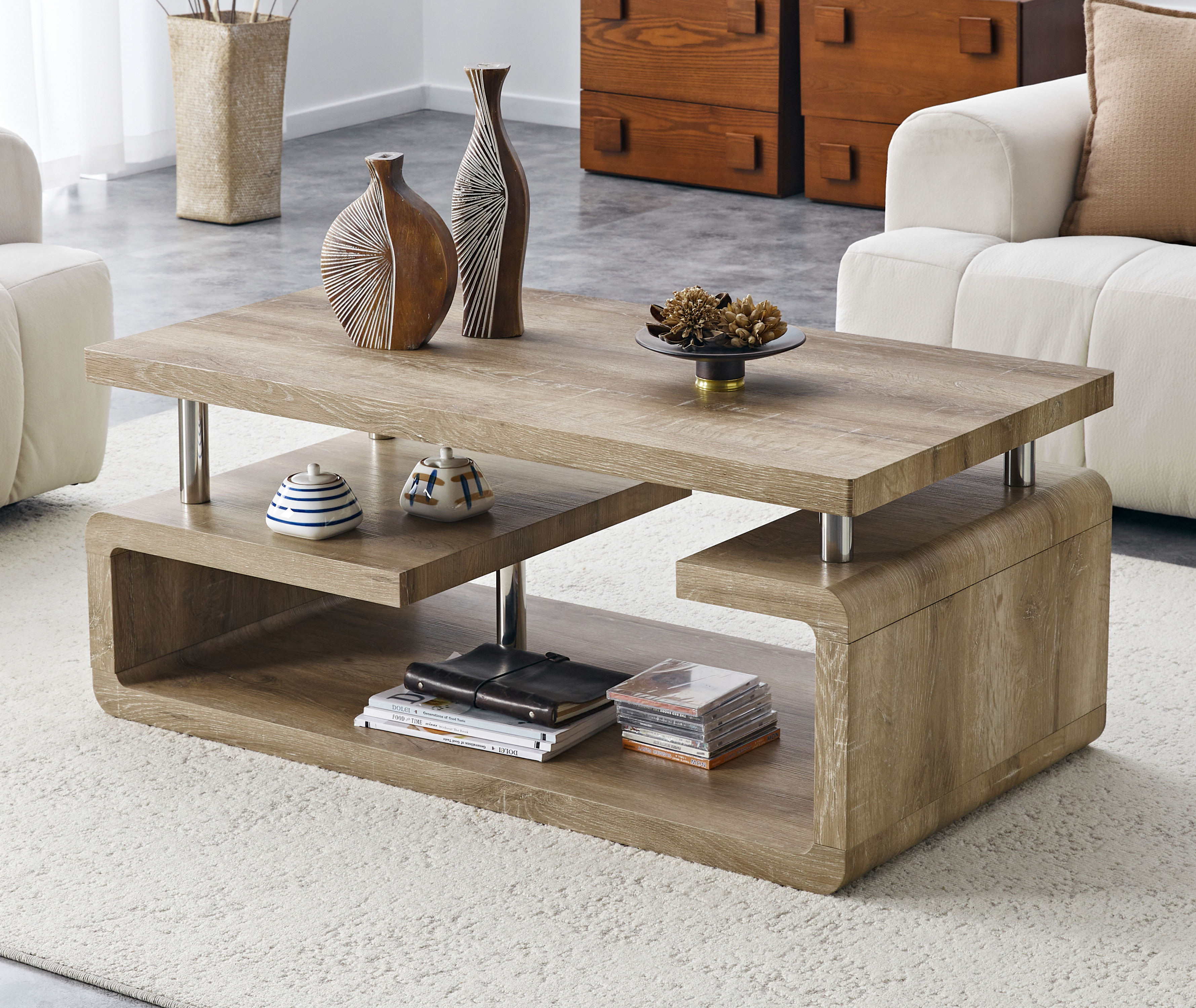 MDF Coffee Table With Carved Knife Wood Grain, Multi-Storage Open Compartments Coffee Table For Living Room Office Modern Home Decor — foto 3
