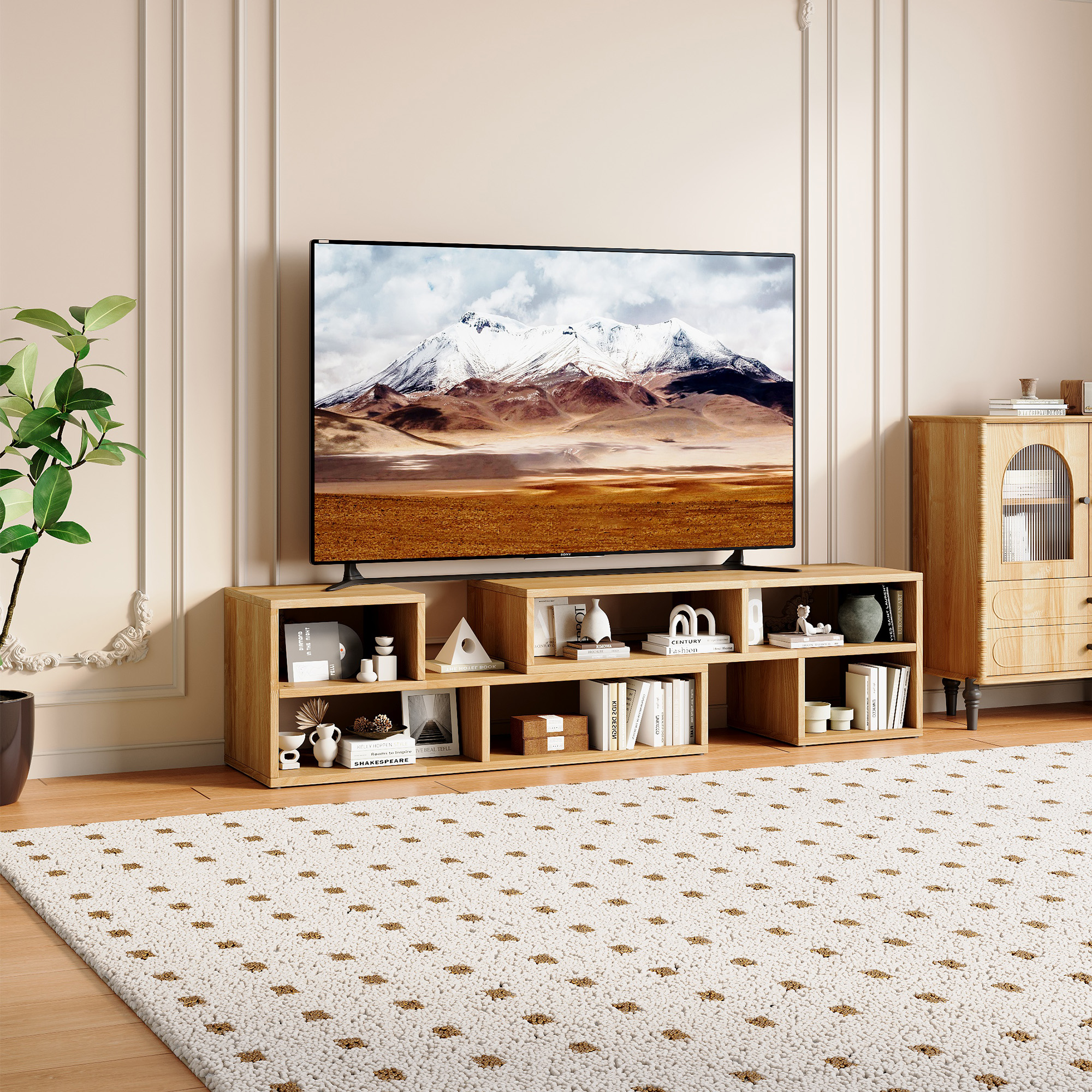 Support de télévision modulaire style libre, console multimédia réglable en bois clair avec ouverture