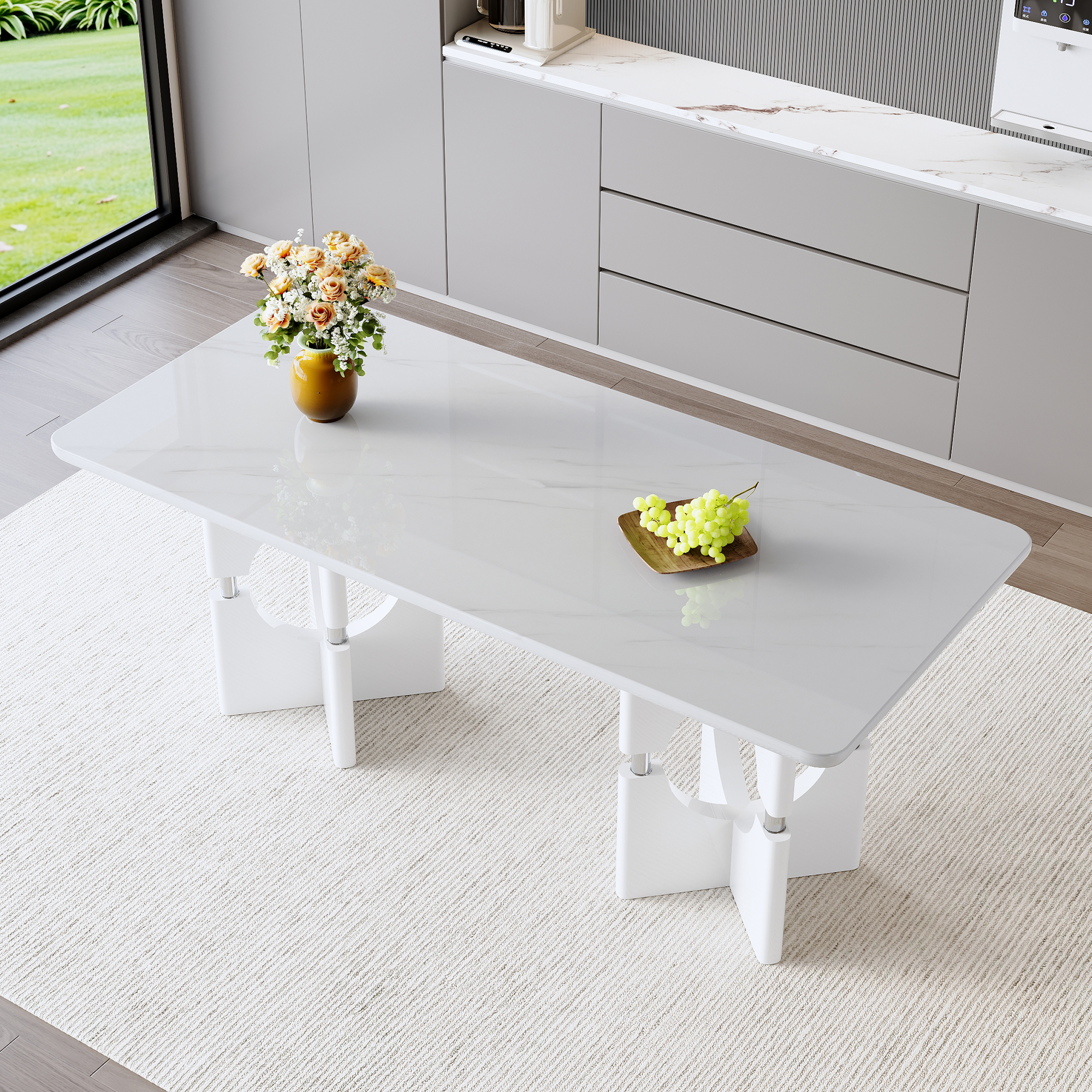 Modern MDF Dining Table With White Marble Pattern, Stylish Metal Hollow Frame, Suitable For Compact Dining Tables In Small Space Homes Apartments product image