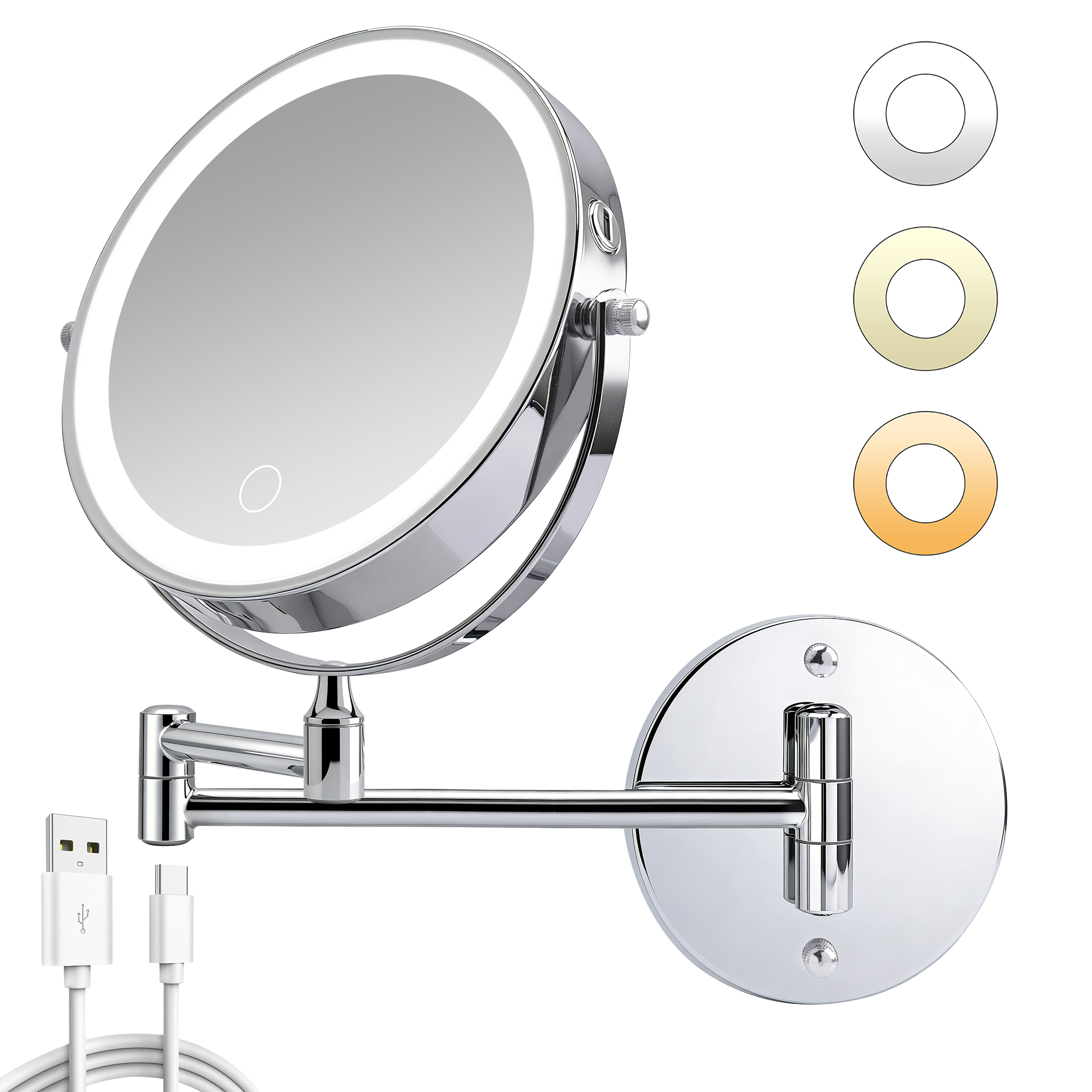 Rechargeable Wall Mounted Makeup Mirror 8 Magnifying Mirror With Lights Double Sided 1X10 360 Rotation Extension Bathroom Shaving Mirror With Foldable