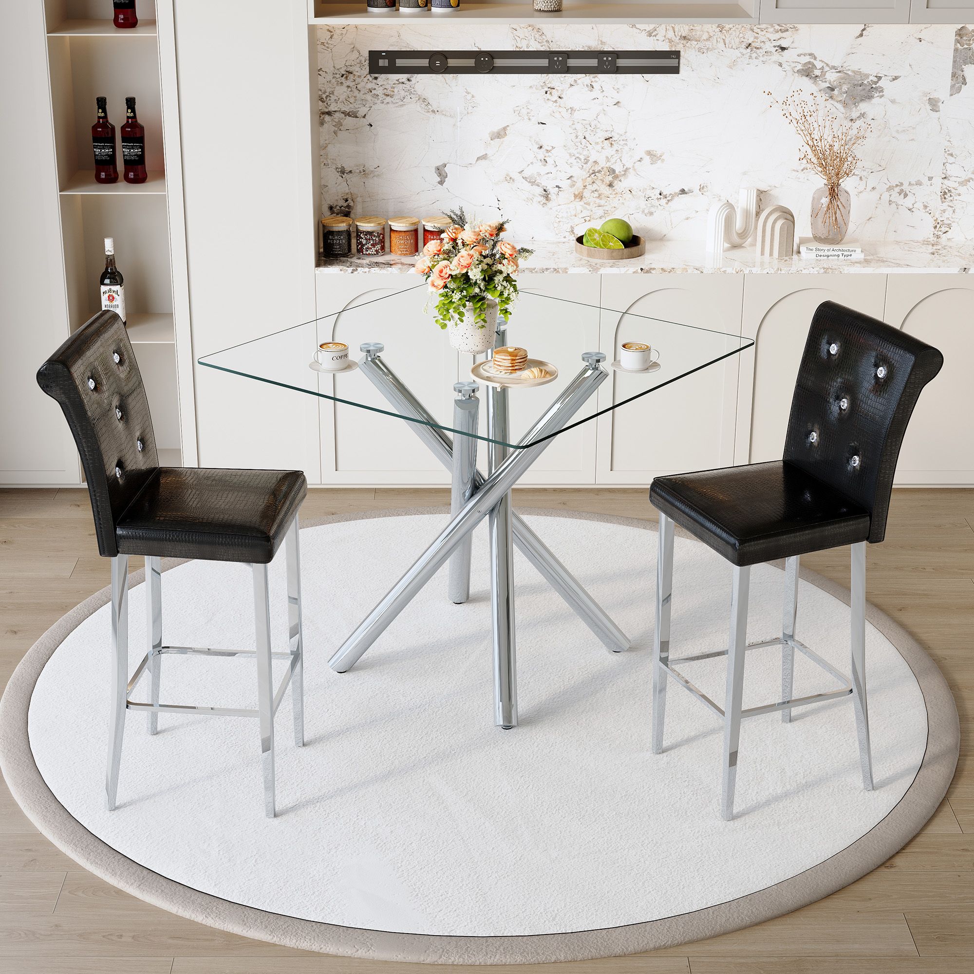 Modern Glass Bar Table And Fixed-Height Bar Stools Set Of 2, Contemporary Counter Height Pub Table With Chrome Legs, Black PU Leather Bar Chairs For Kitchen Island, Home Bar, Small Space  3 Packages — foto 3