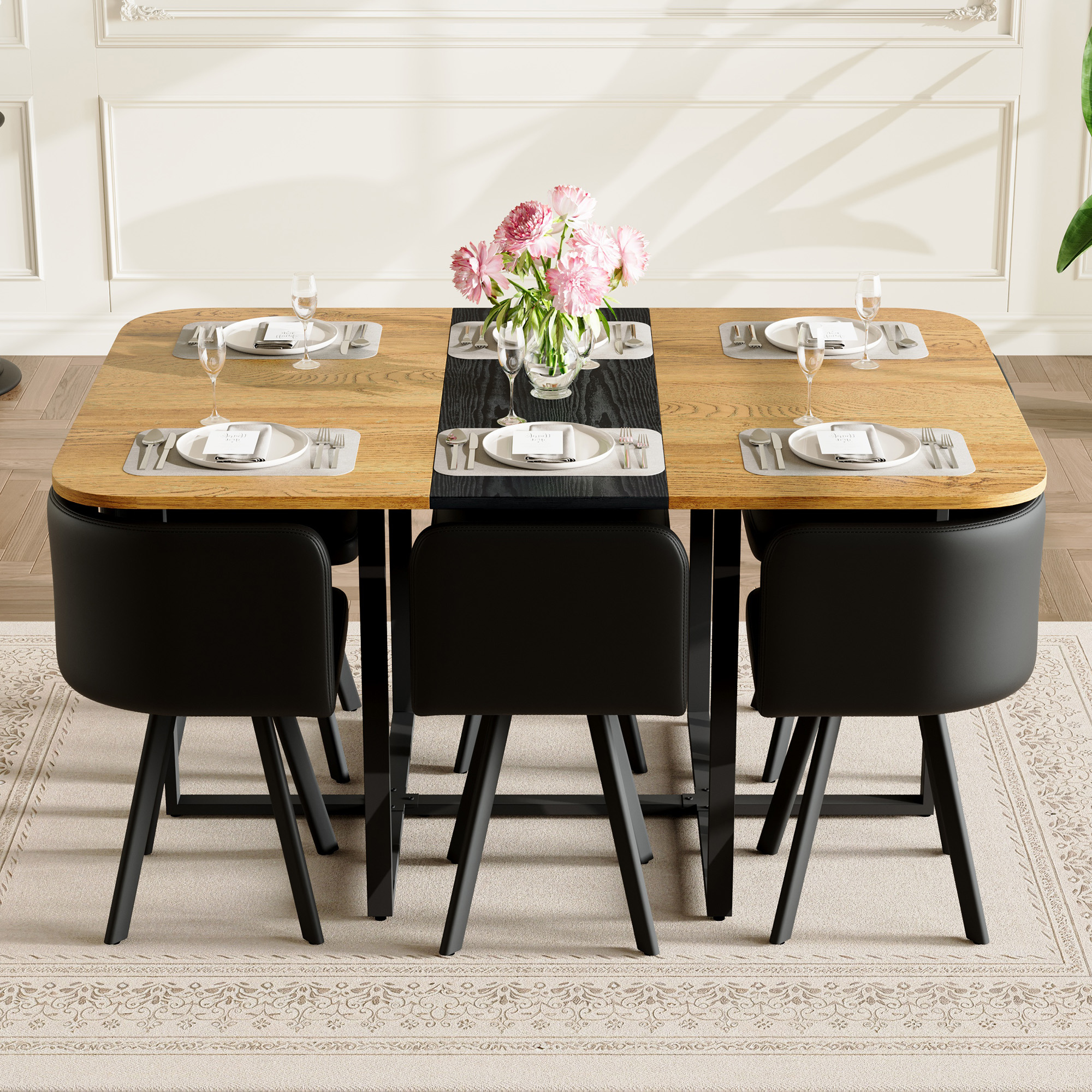 7-Piece Rectangular Dining Table Set, Fixed Two-Tone Wood Grain & Black Triamine Tabletop With 6 Black PU Leather Chairs, Modern Kitchen Table Set For 6 People, Ideal For Small Spaces, Apartment — foto 2