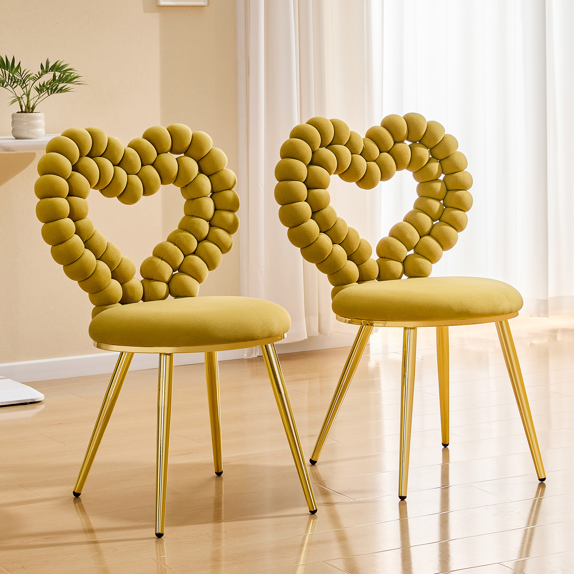Set Of 2 Unique Heart Bubble Tufted Accent Chair,Yellow Plush Velvet Chair With Shiny Gold Metal Frame, Cute & Modern Seating For Home Decor product image