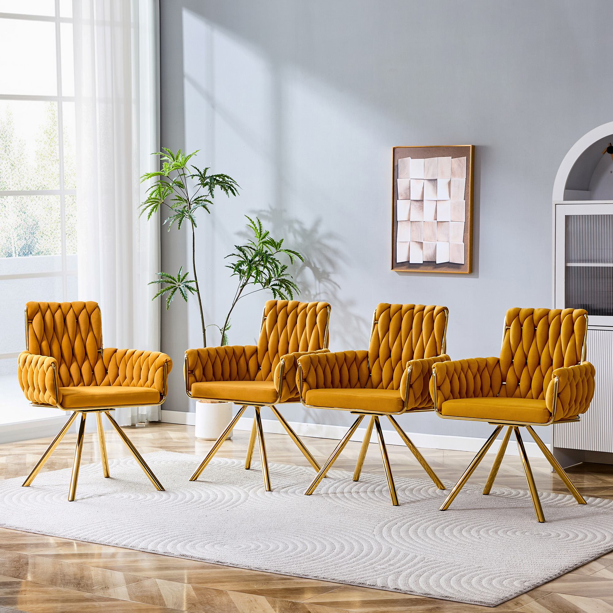 Set Of 2 Modern Luxury Velvet Braided Accent Dining Chair With Gold Metal Legs, Upholstered Armchair With Woven Rope Backrest For Dining Room, Living Room Or Bedroom-Yellow — foto 5