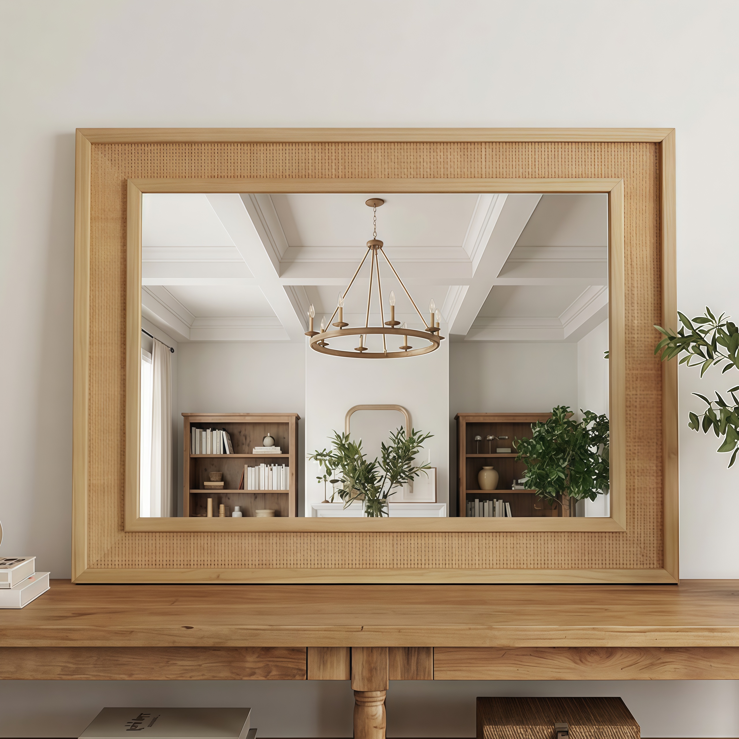 Espejo decorativo de mimbre y madera