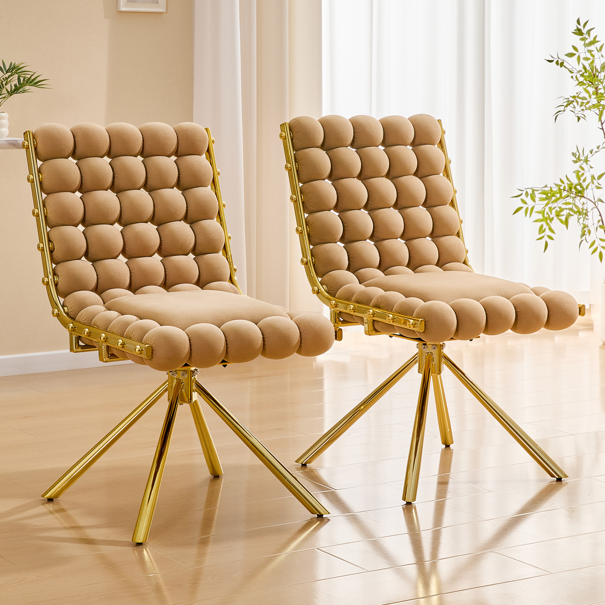 Ensemble de 2 chaises pivotantes à dossier boule touffetée avec or