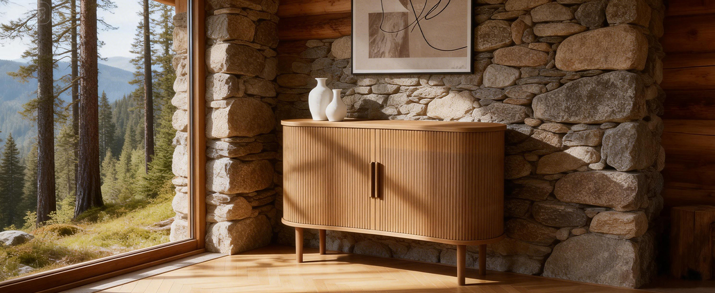 55in Modern Fluted Storage Sideboard Buffet Cabinet Sliding Door Solid Wood