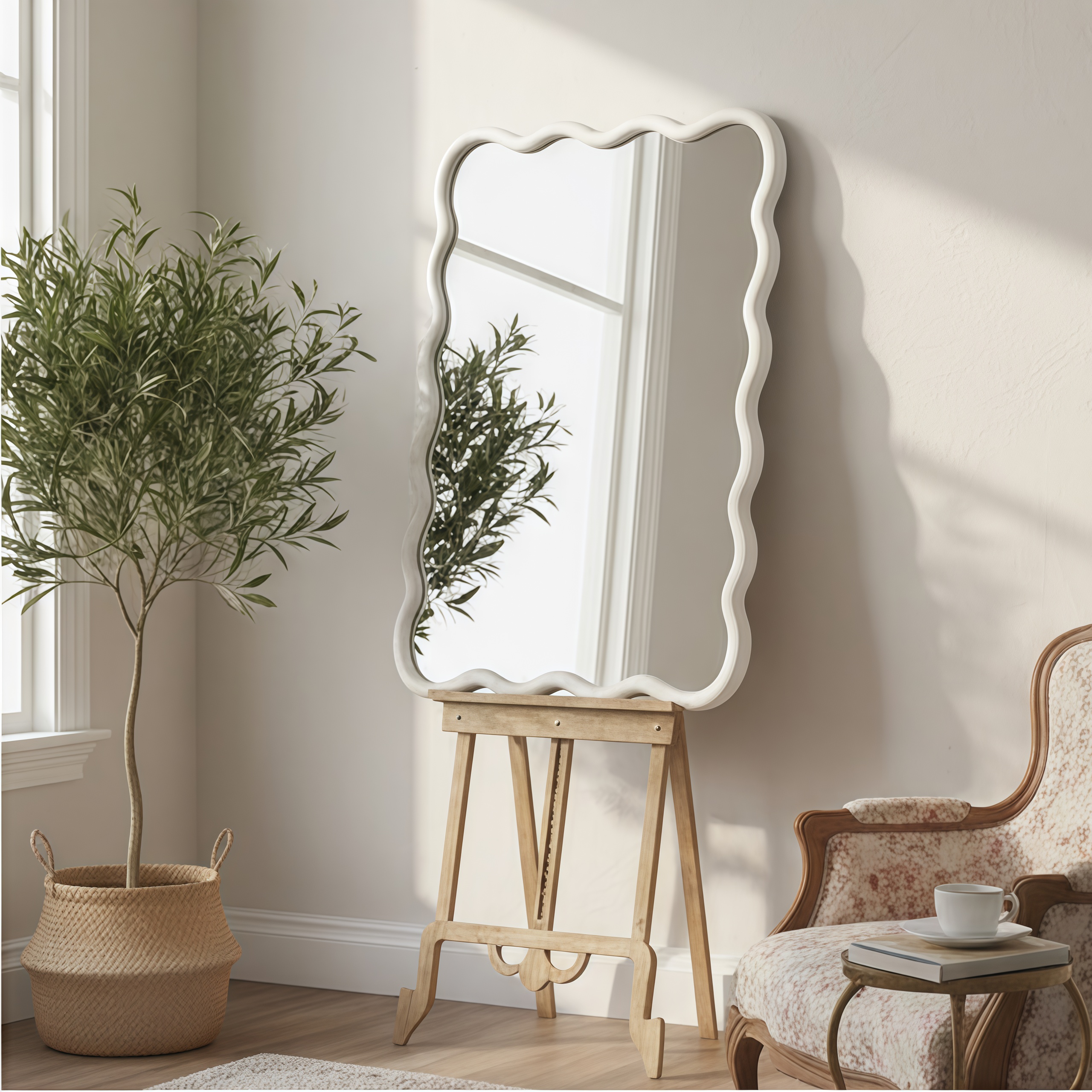 Miroir décoratif rectangulaire ondulé de couleur blanche 24x36, cadre en bois massif