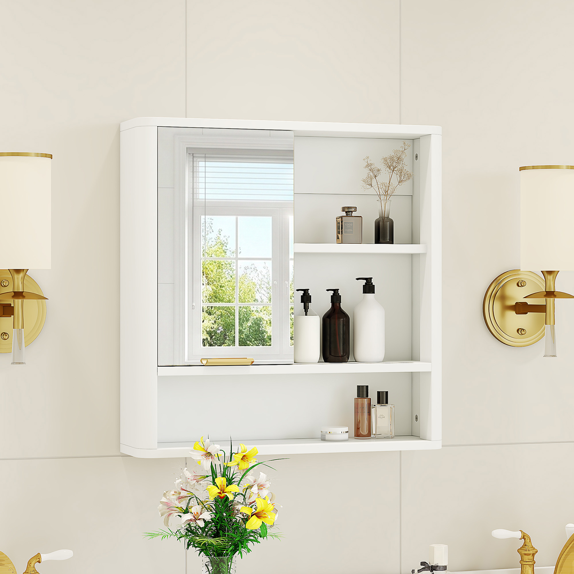 Modern Bathroom Mirror Cabinet, Wall Mounted Storage Cabinet With Open Shelves, Waterproof Medicine Cabinet With Gold Accent, Space Saving Vanity Organizer For Bathroom, White thumbnail 4