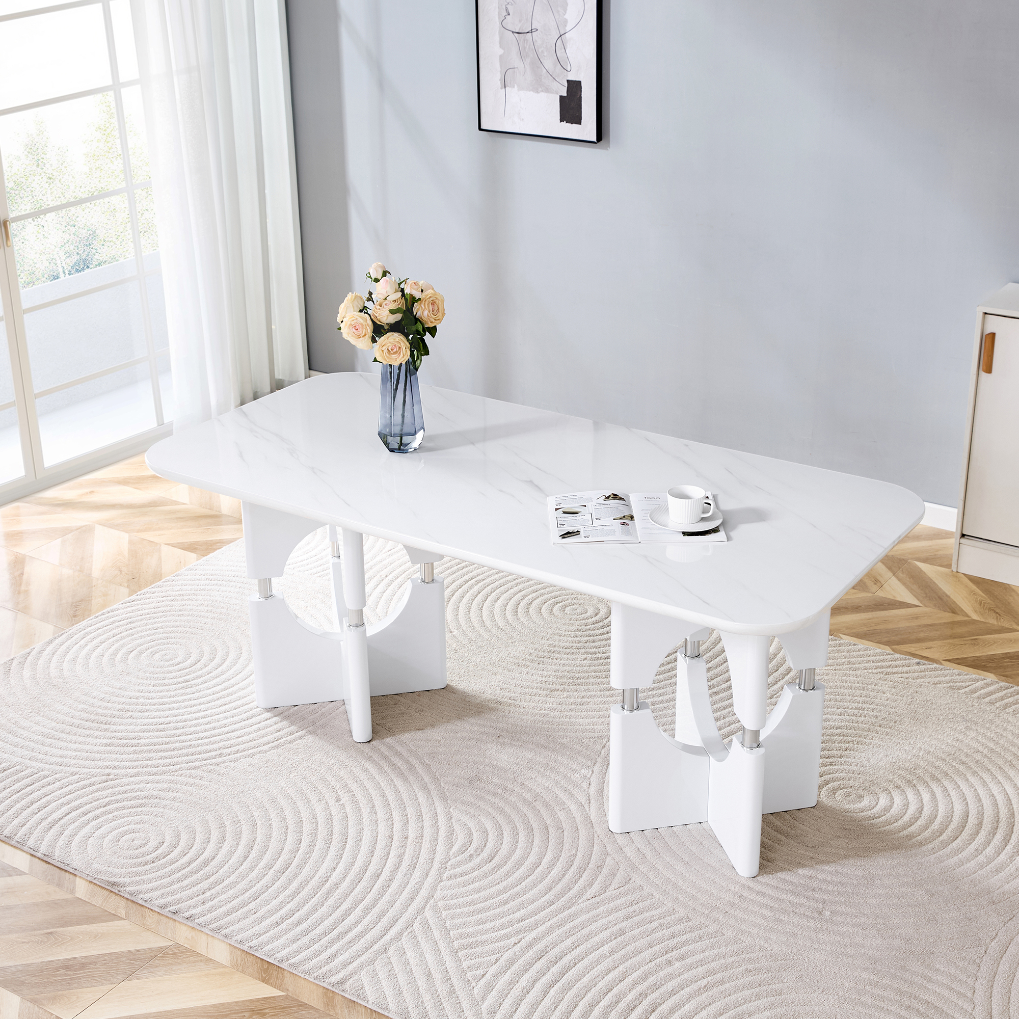 Modern MDF Dining Table With White Marble Pattern, Stylish Metal Hollow Frame, Suitable For Compact Dining Tables In Small Space Homes Apartments — foto 2
