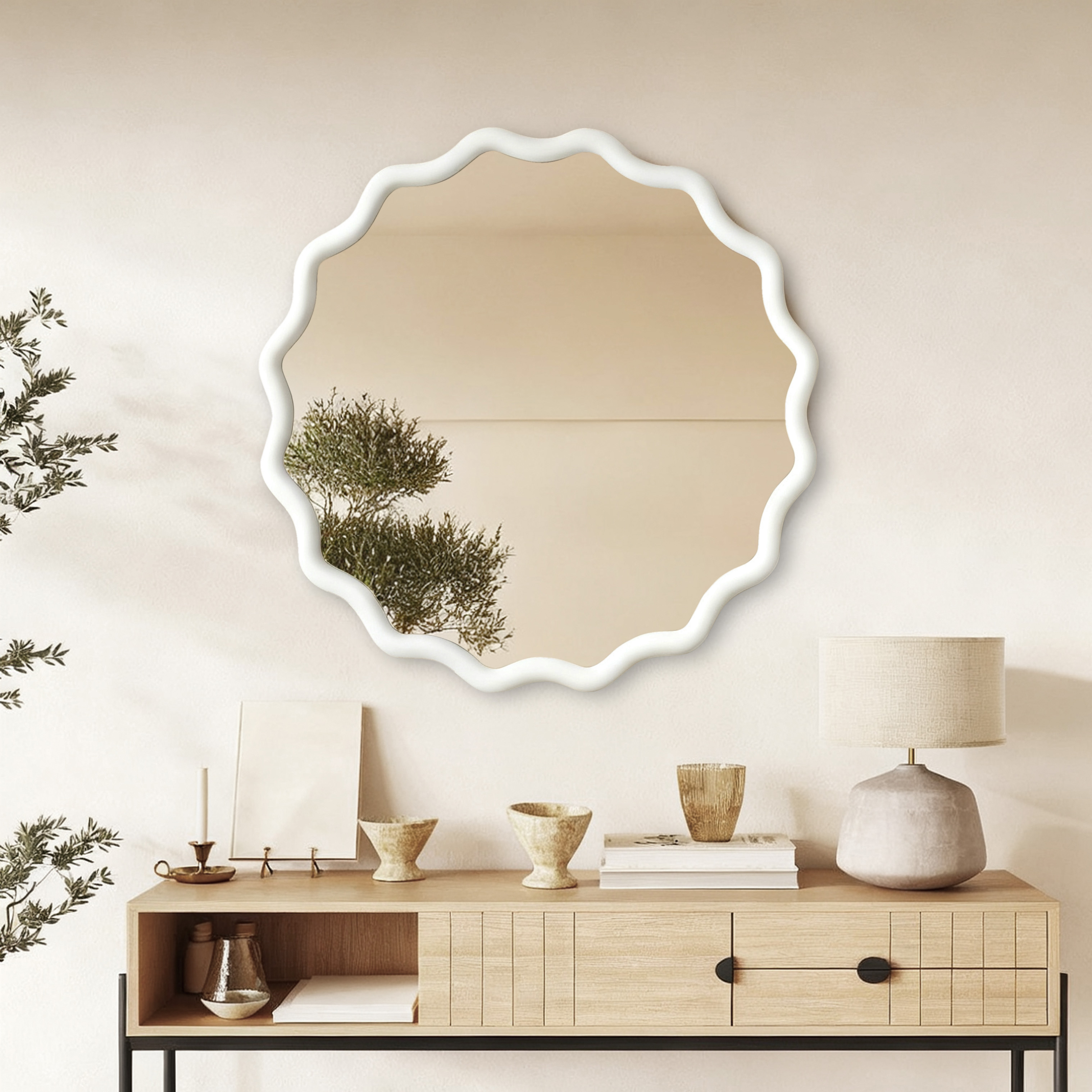 Miroir décoratif rond ondulé blanc de 36 pouces, cadre en bois massif – Image 4
