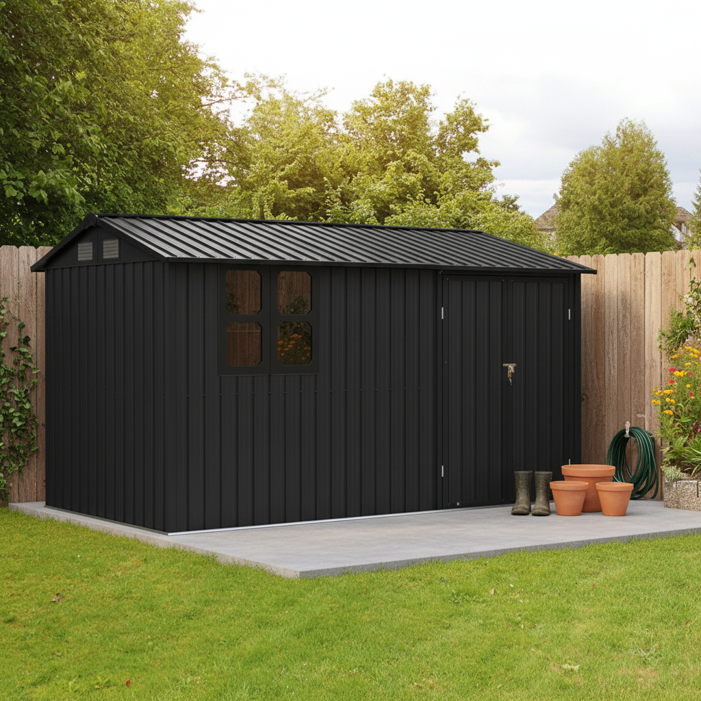 12x10 Ft Metal Garden Sheds Outdoor Storage Sheds Black With Window With Goods Shelves — foto 4