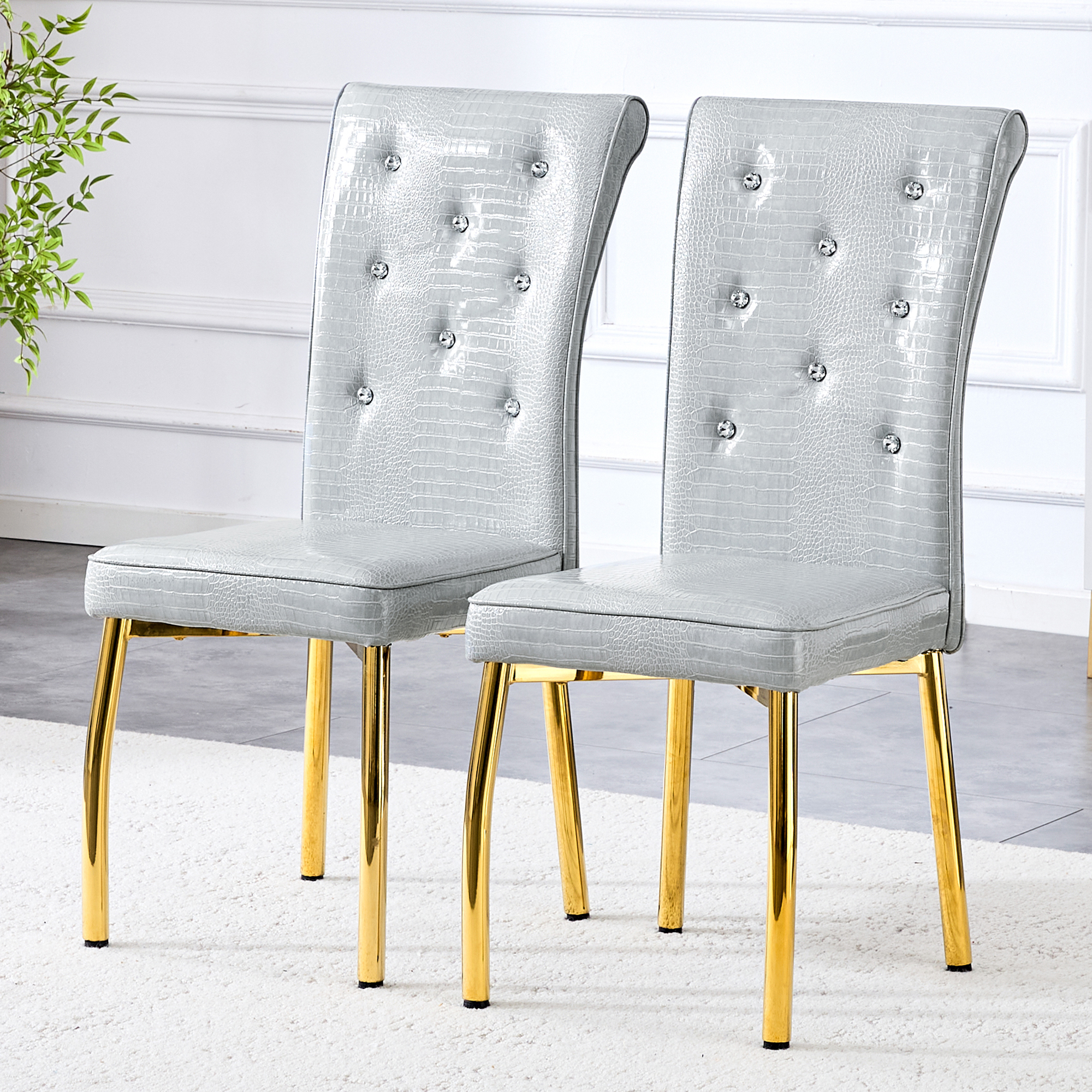 A Set Of 2 Gray And Gold Vintage Crocodile Leather Cushioned Dining Chairs, Featuring Crystal Clasp Design And Artificial Leather Design, Adding A Touch Of Elegance And Mystery To The Dining Area