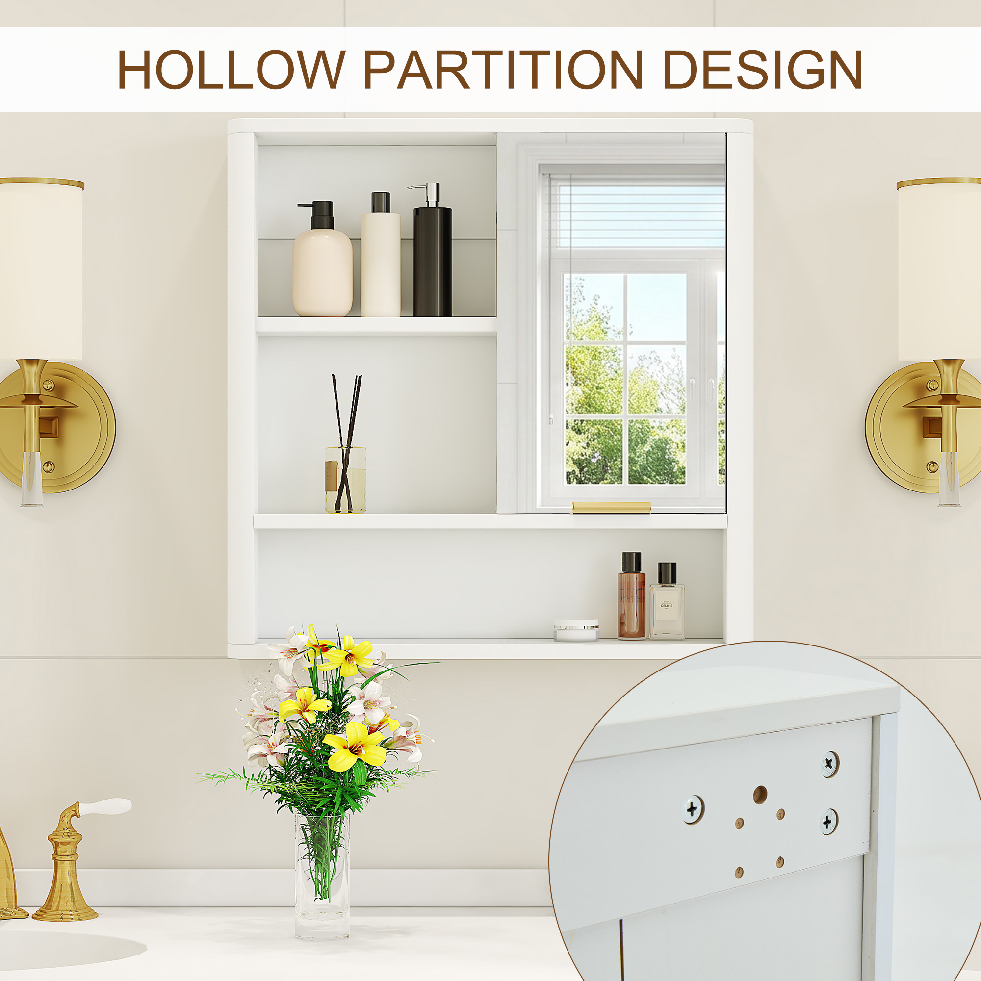 Modern Bathroom Mirror Cabinet, Wall Mounted Storage Cabinet With Open Shelves, Waterproof Medicine Cabinet With Gold Accent, Space Saving Vanity Organizer For Bathroom, White thumbnail 3