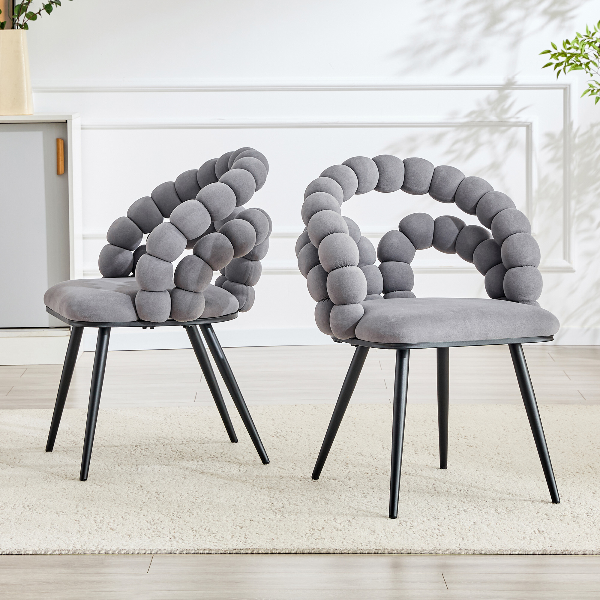Set Of 2 Grey Velvet Bubble Dining Chairs,Modern Velvet Pebble Accent Side Chair With Curved Bubble Backrest & Black Metal Legs, Luxury Vanity Desk Chair For Kitchen Dining Room Bedroom Living Room — foto 2