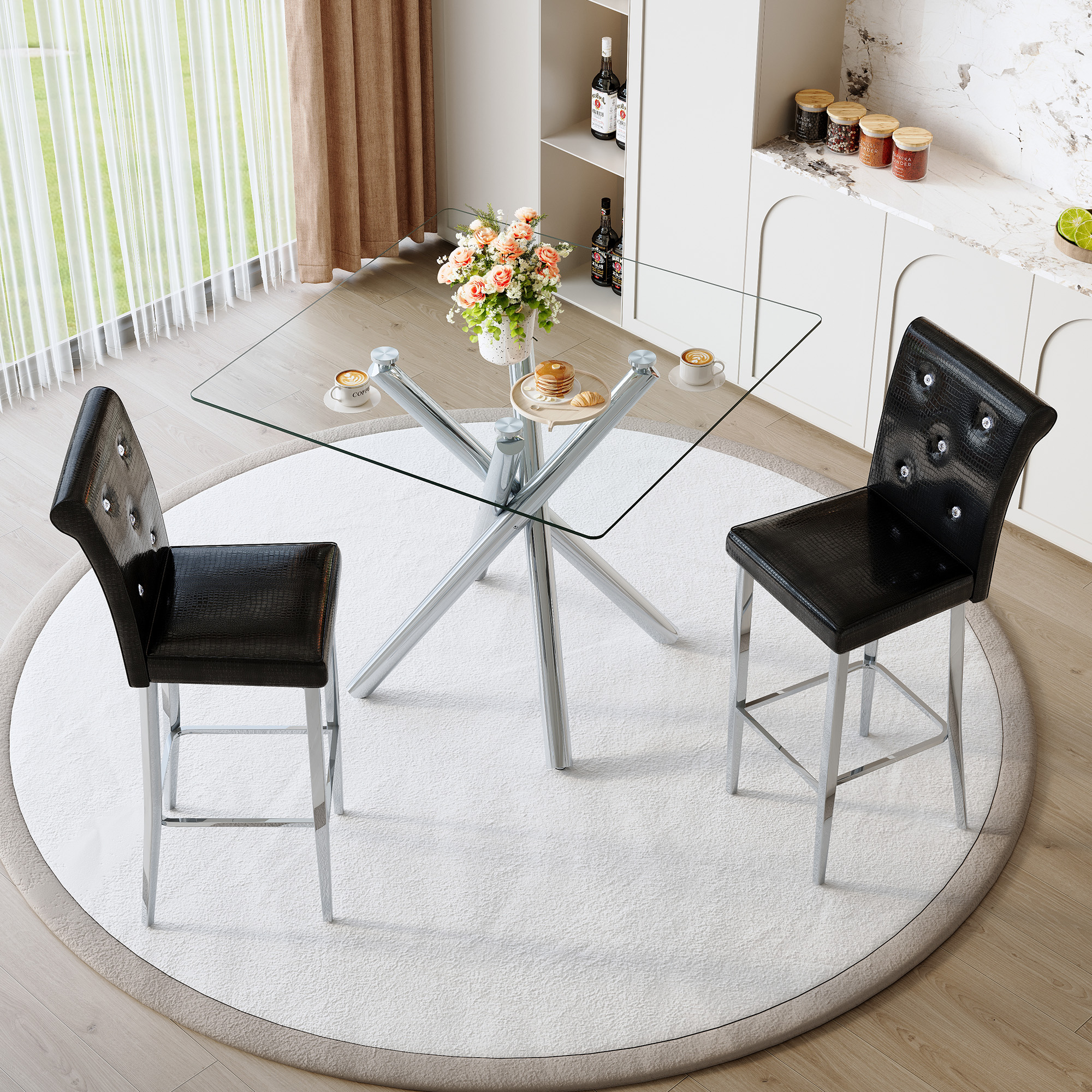 Modern Glass Bar Table And Fixed-Height Bar Stools Set Of 2, Contemporary Counter Height Pub Table With Chrome Legs, Black PU Leather Bar Chairs For Kitchen Island, Home Bar, Small Space  3 Packages — foto 2