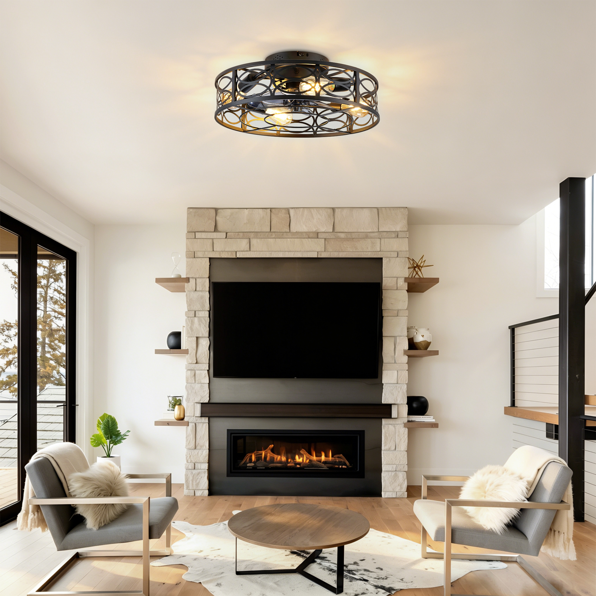 20 Low Profile Caged Ceiling Fans With Remote Control,6 Speed, Farmhouse Flush Mount Ceiling Fan With 6 Speeds Reversible Motor, For Kitchen, Bedroom--NOT Included Bulbs