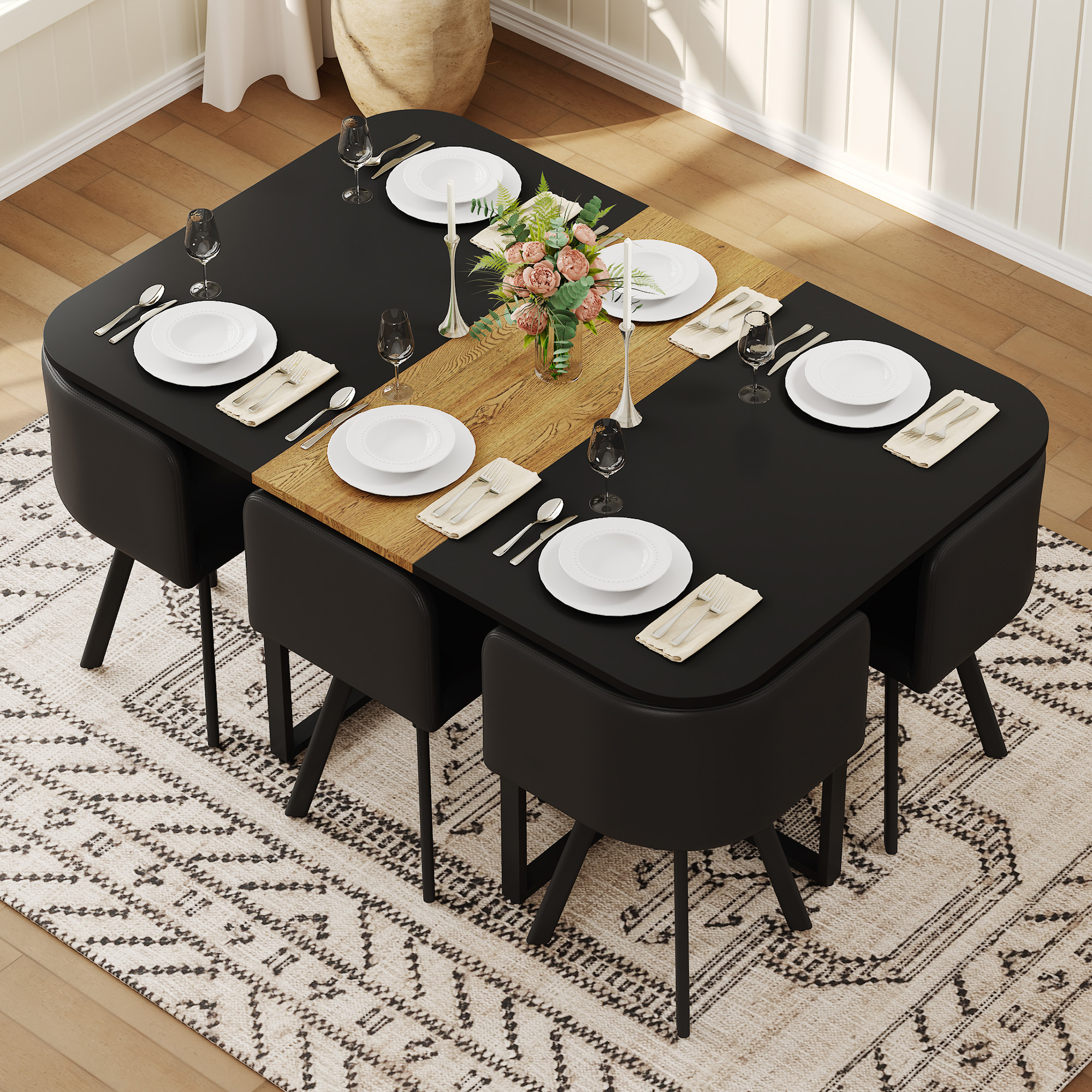 7 Piece Dining Table Set With 6 Black PU Chairs, Two-Tone Black & Wood Grain Rectangular Kitchen Table  Triamine Board , Modern Dining Room Furniture Set For Small Space, Apartment, Restaurant — foto 5