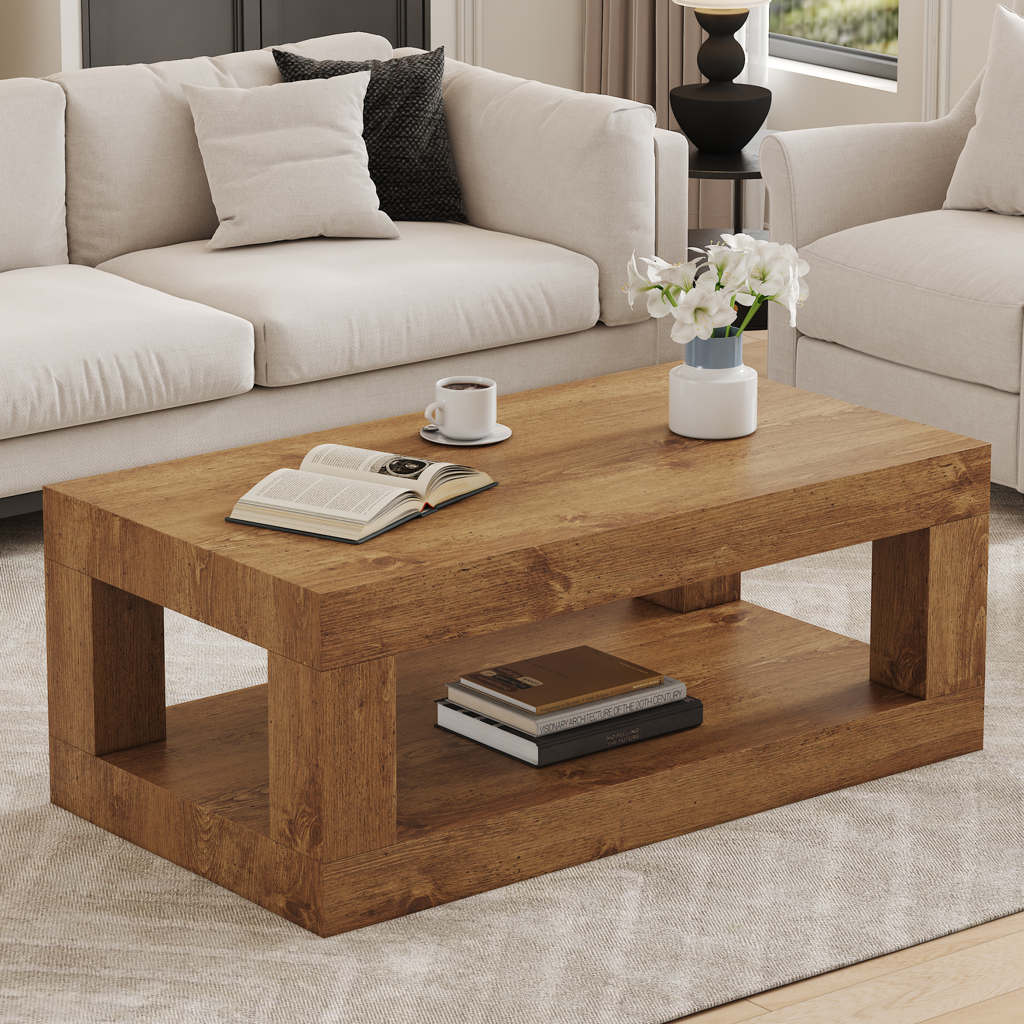 Modern 2-Tier Coffee Table For Living Room Furniture,Rectangular Center Table With Open Storage Shelf.The Double Layered Coffee Table Is Made Of MDF Material. Stable And Durable,Easy Assembly