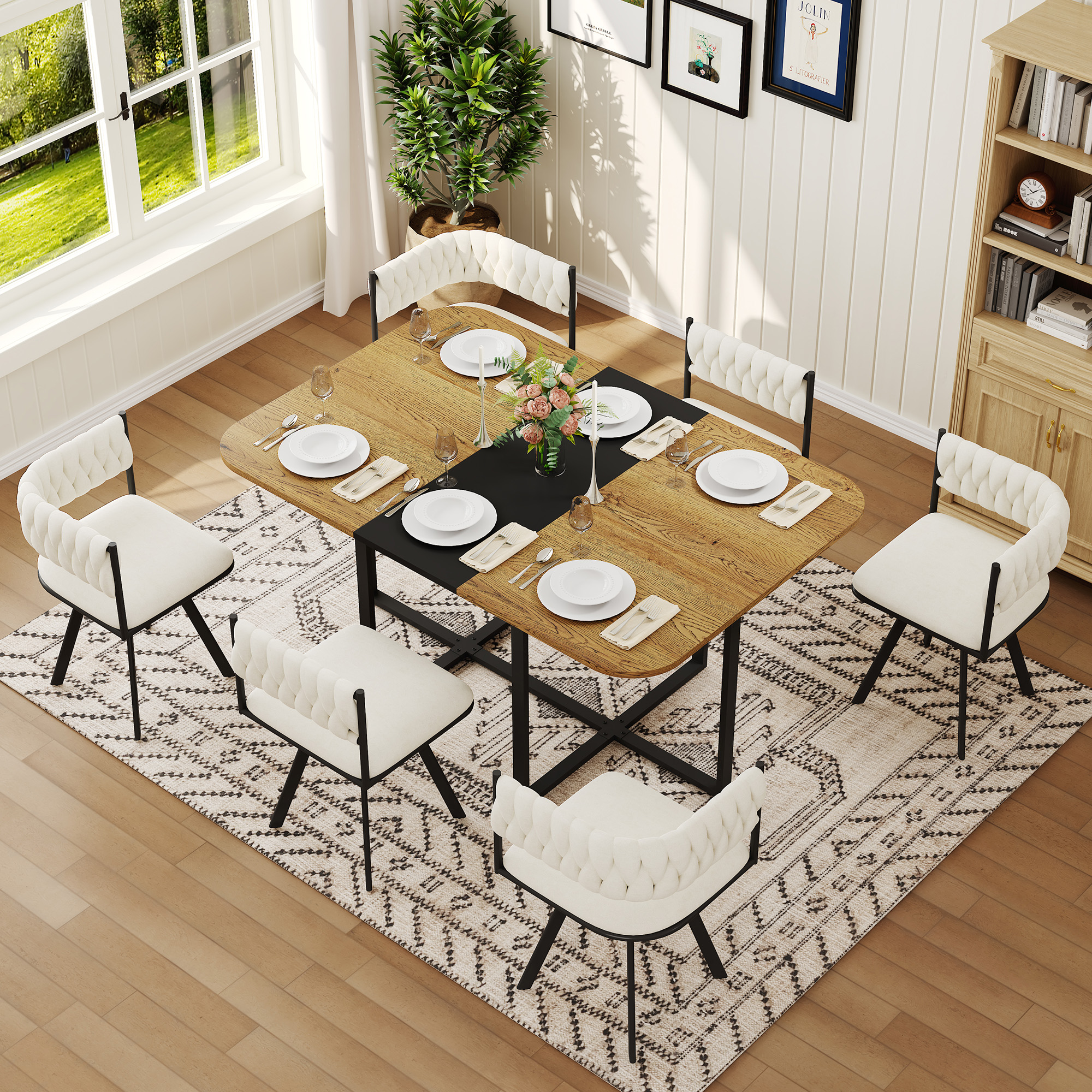 7-Piece Dining Table Set For 6, 1 Table & 6 Beige Velvet Upholstered Chairs, Black & Wood Grain Melamine Table, Modern Tufted Kitchen Nook Set For Dining Room, Apartment & Small Space — foto 4