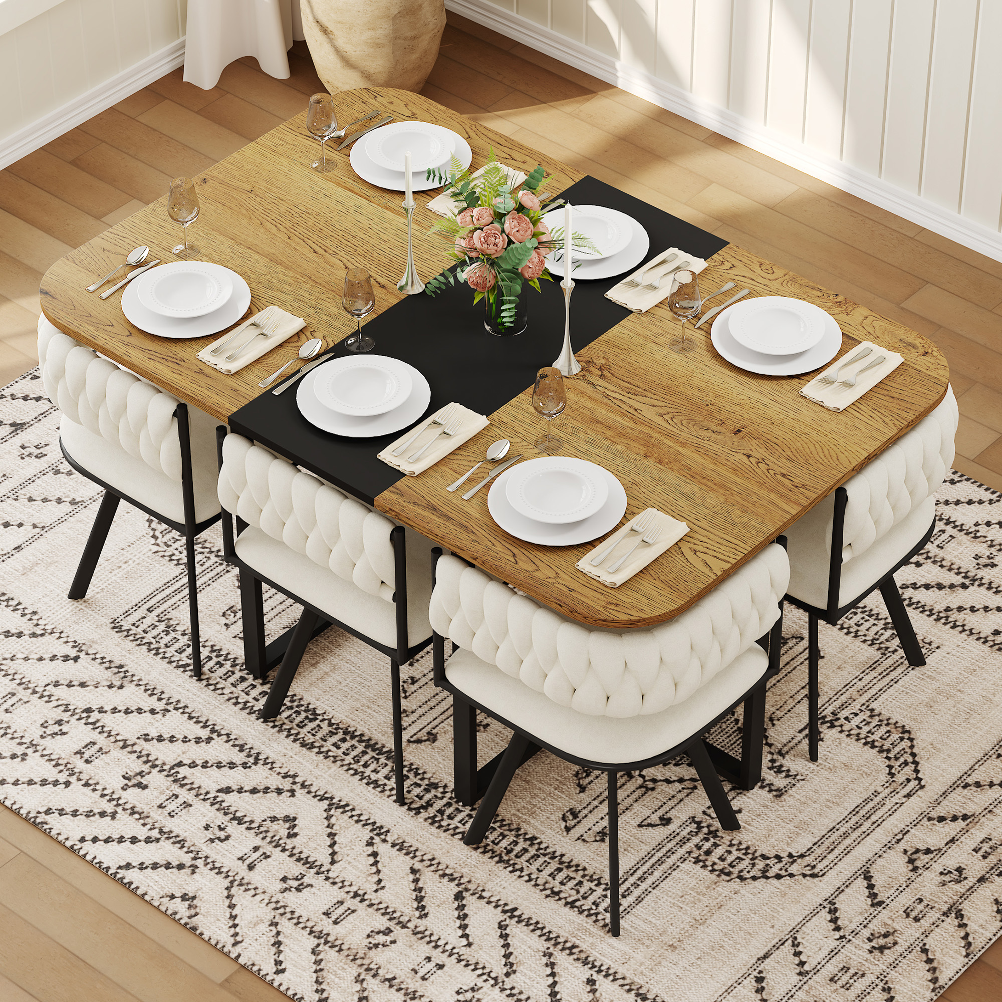 7-Piece Dining Table Set For 6, 1 Table & 6 Beige Velvet Upholstered Chairs, Black & Wood Grain Melamine Table, Modern Tufted Kitchen Nook Set For Dining Room, Apartment & Small Space — foto 3