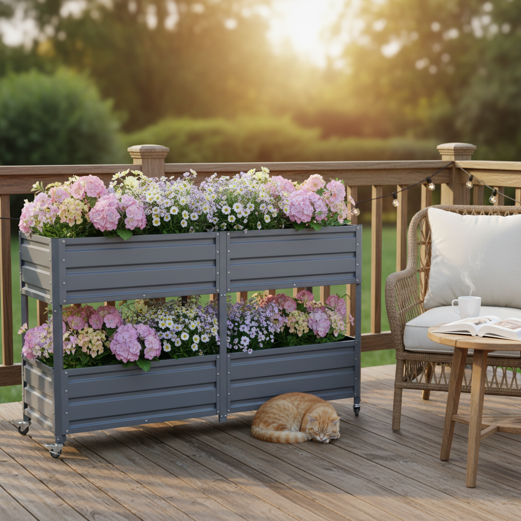 Dual Tier Elevated Metal Raised Garden Bed With Lockable Wheels, Staggered 2-Layer Raised Planter Box For Vegetables Herbs Flowers, Outdoor Patio  Green Planting Bed,Grey