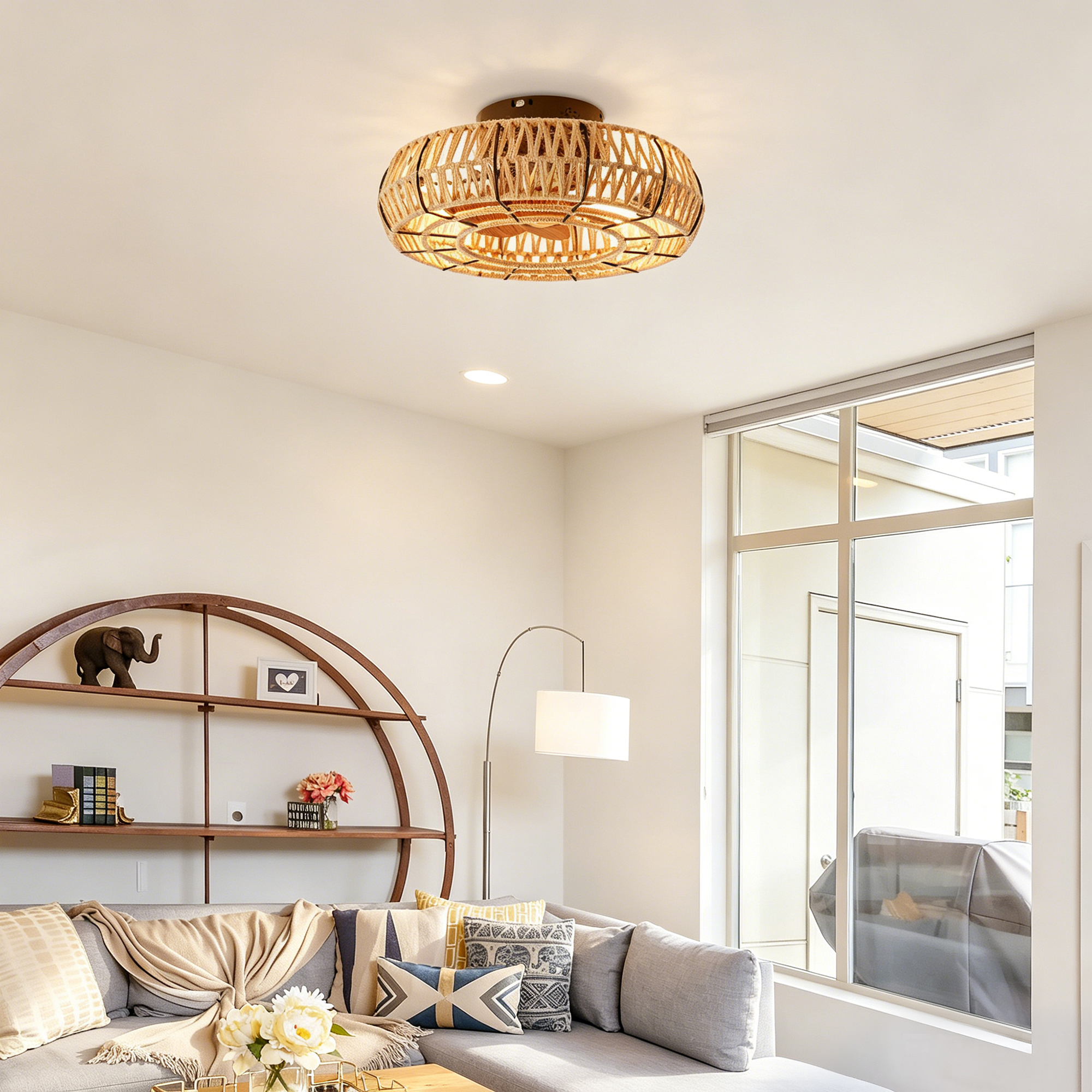20   Rope Caged  Flush Mount Ceiling Fan With Light Kit  NOT INCLUDED BULBS  ,With Remote Control, Low Profile Chandelier 6 Speed DC Motor Reversible Ceiling Fan For  Living Room Bedroom.--Matte Black — foto 5