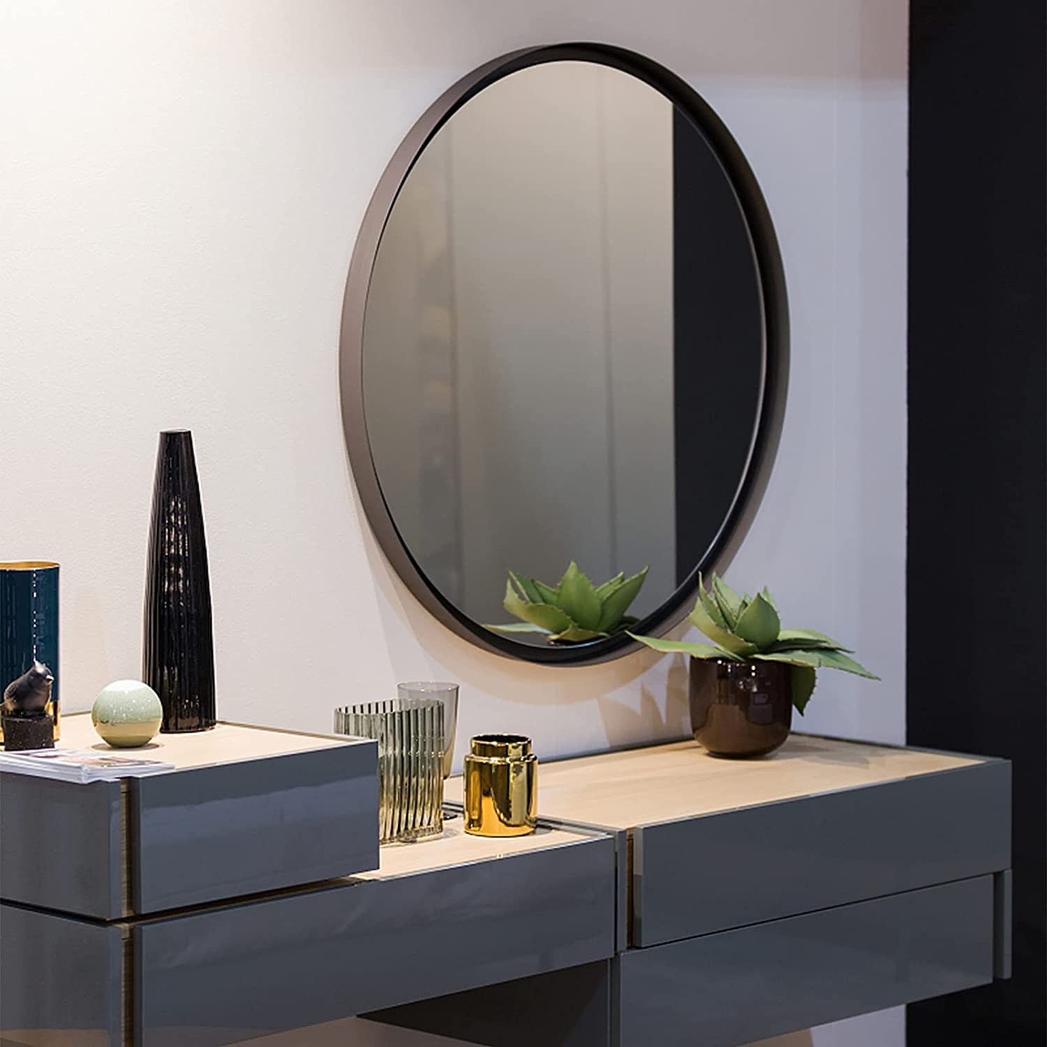 30 Inch Black Metal Framed Round Bathrrom Mirror For Wall.