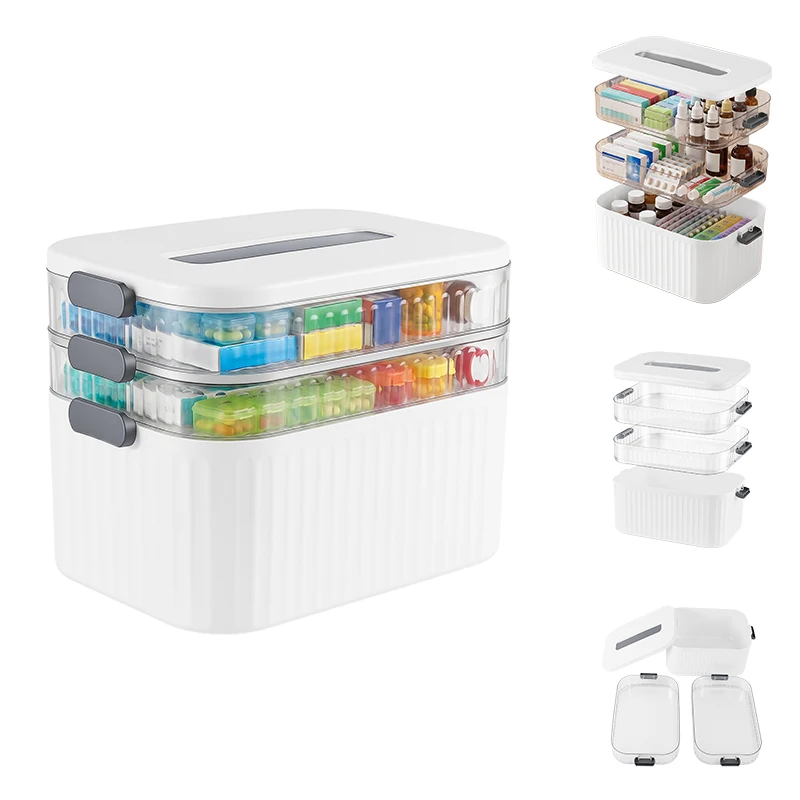 3 Tier Medicine Storage Box Portable Large Capacity Medication Organizer with Handle Sealed Waterproof Dustproof Double Lock for Cosmetics Pill Case F