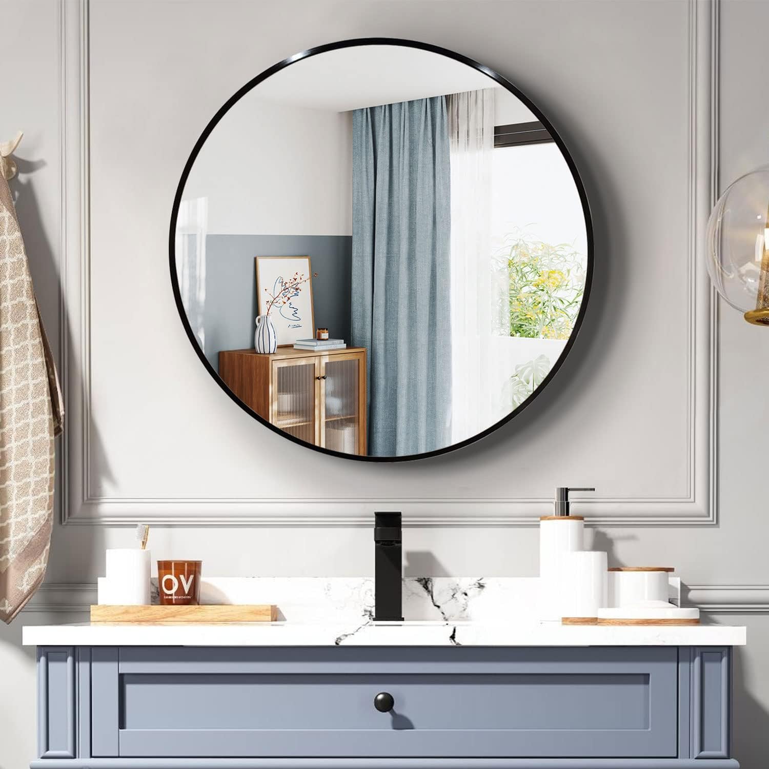Miroir de salle de bain rond avec cadre en métal noir de 36 pouces pour mur – Image 2