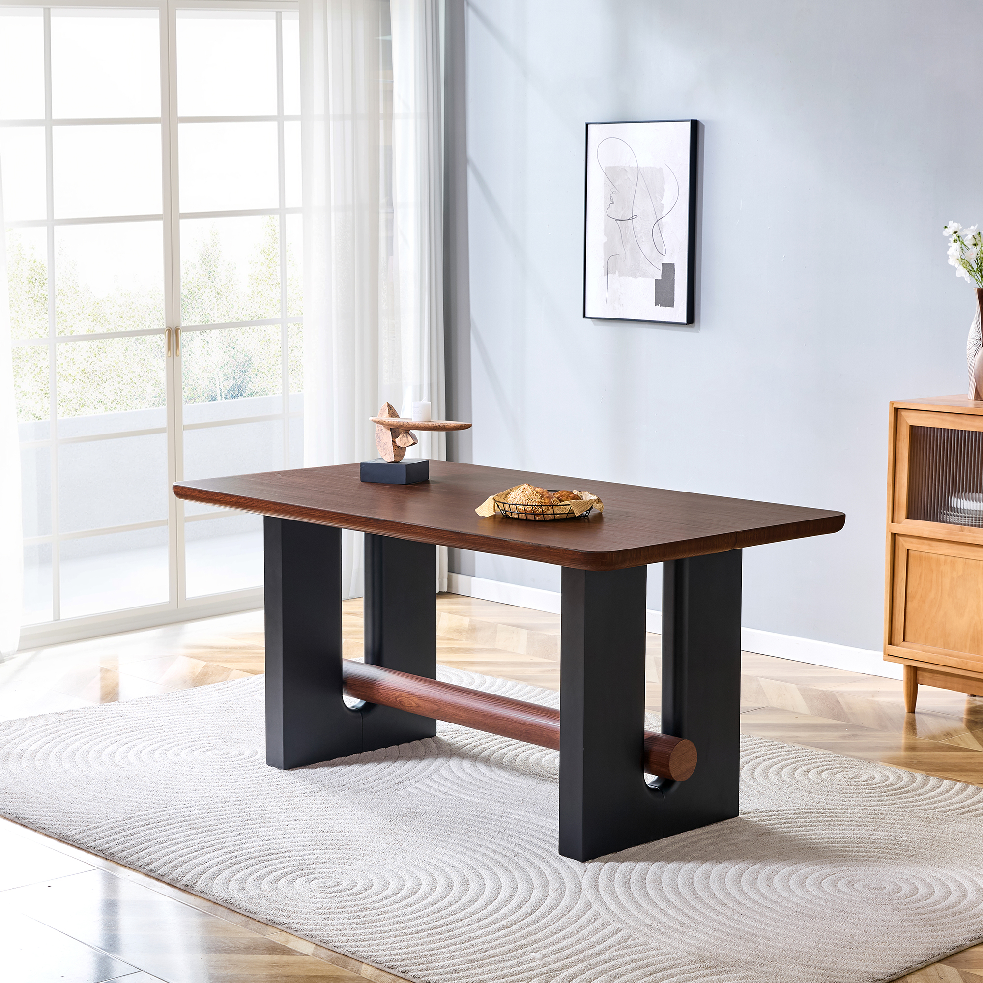 All-MDF Walnut & Black Dining Table, Modern Compact Kitchen Table For Small Spaces, Sturdy Home Apartment Dining Room Furniture With Sleek Two-Tone Finish — foto 2