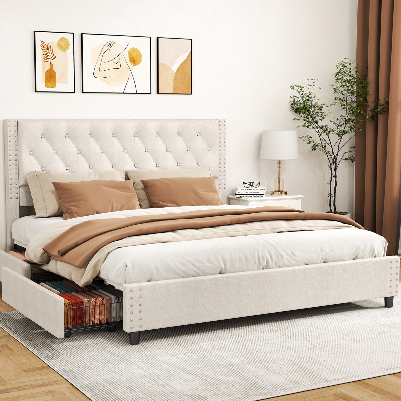 King Size Bed Frame With Headboard Wood Slat Support Platform Upholstered Button Tufted Bed Frame With 4 Drawers No Box Spring Needed Noiseless Easy Assembly For Home