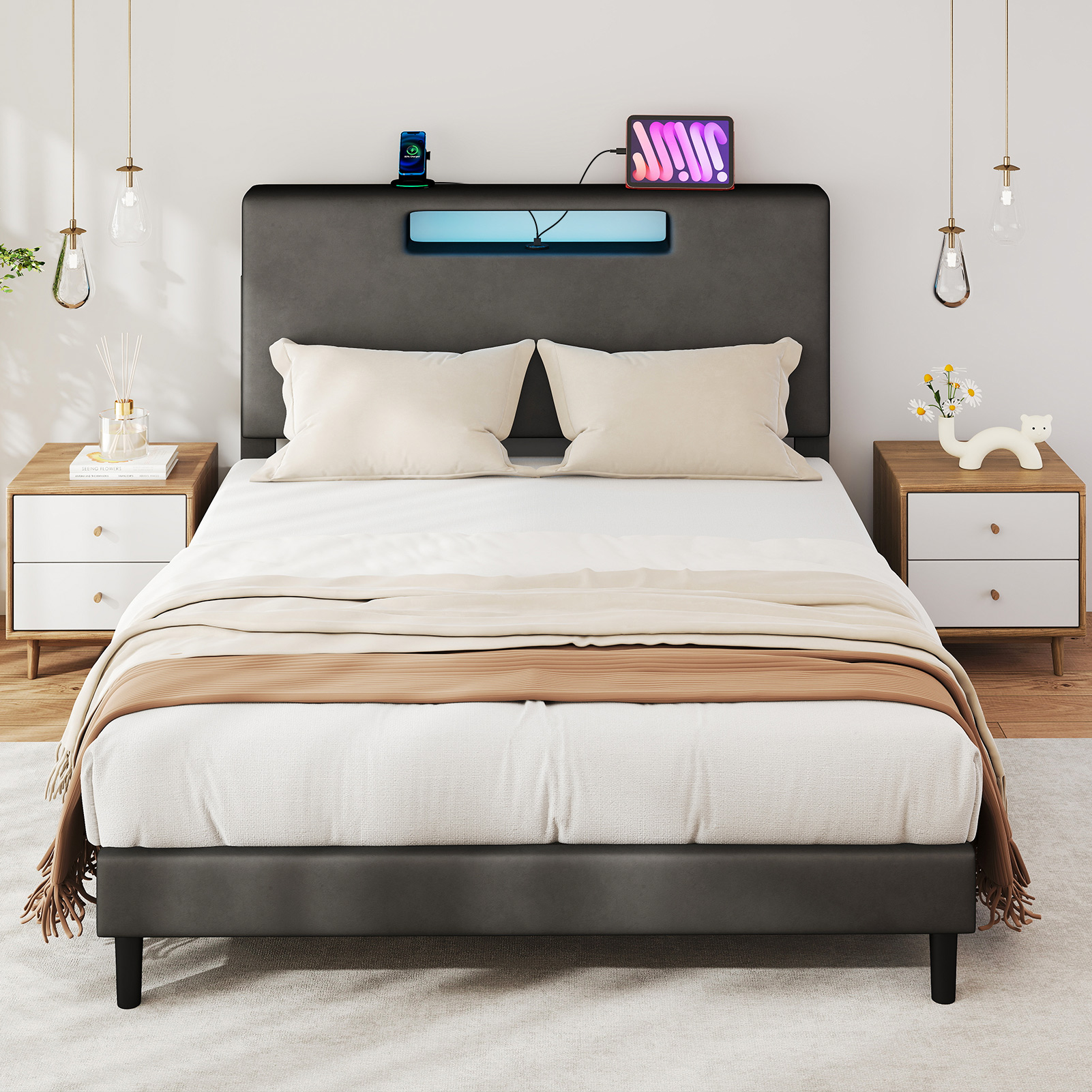 Cadre de lit Queen Size avec station de charge et LED RÉGLABLE