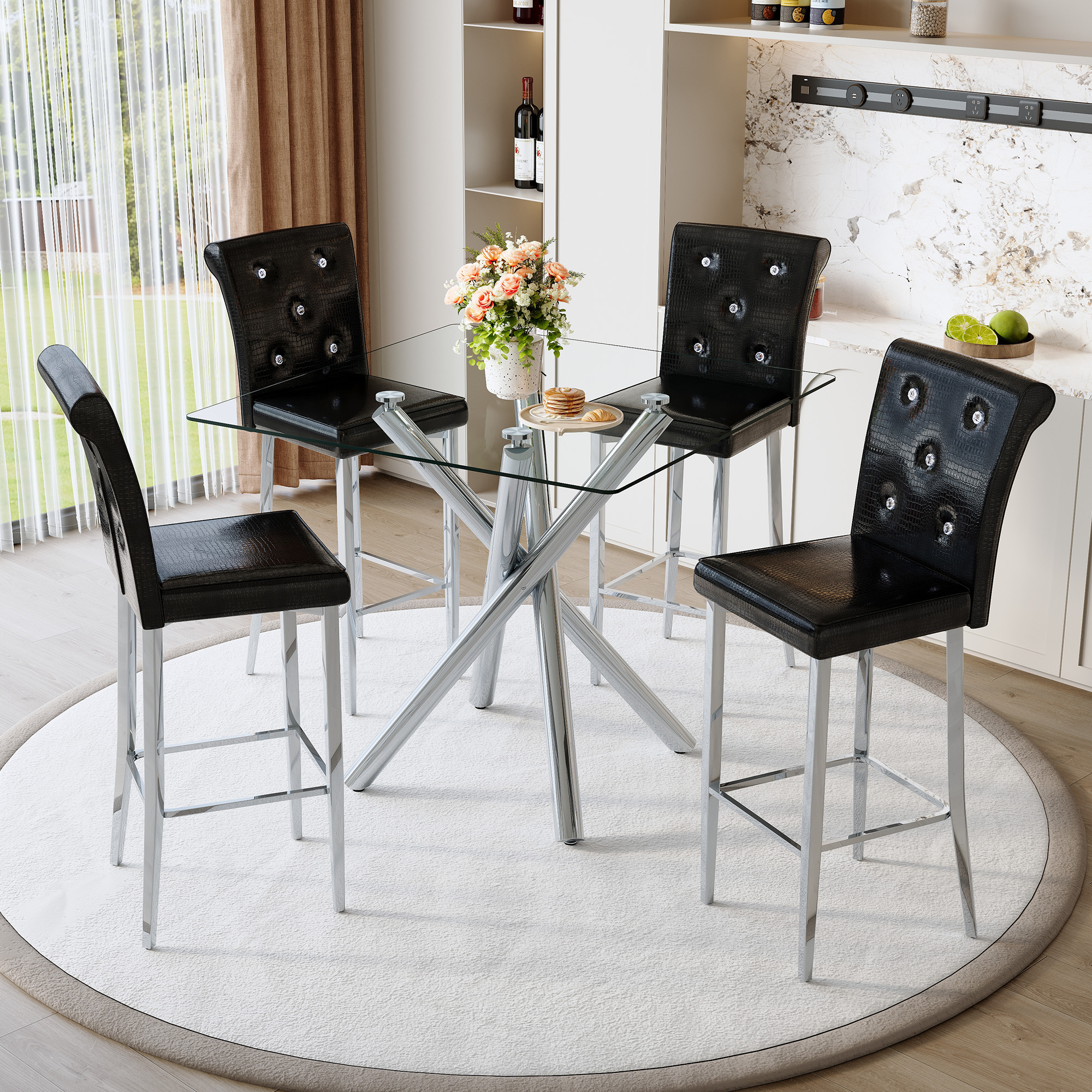 Modern Glass Bar Table And Fixed-Height Bar Stools Set Of 2, Contemporary Counter Height Pub Table With Chrome Legs, Black PU Leather Bar Chairs For Kitchen Island, Home Bar, Small Space  3 Packages — foto 4