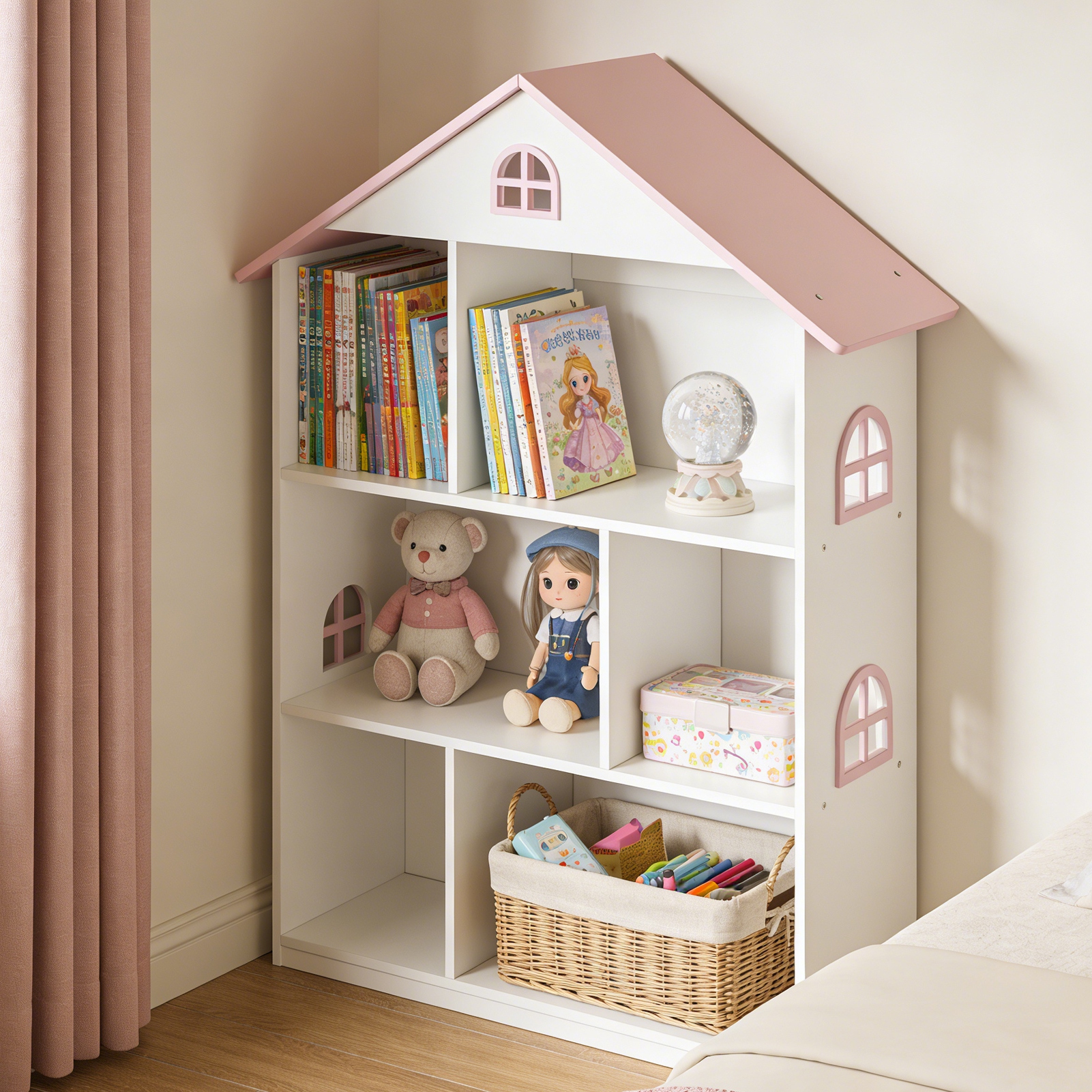 Wooden Dollhouse Bookshelf 3 Tier Bookcase Kids Books Toys Storage Organizer Children Bedroom Playroom Kindergarten Educational Toy TY10101 Pink White