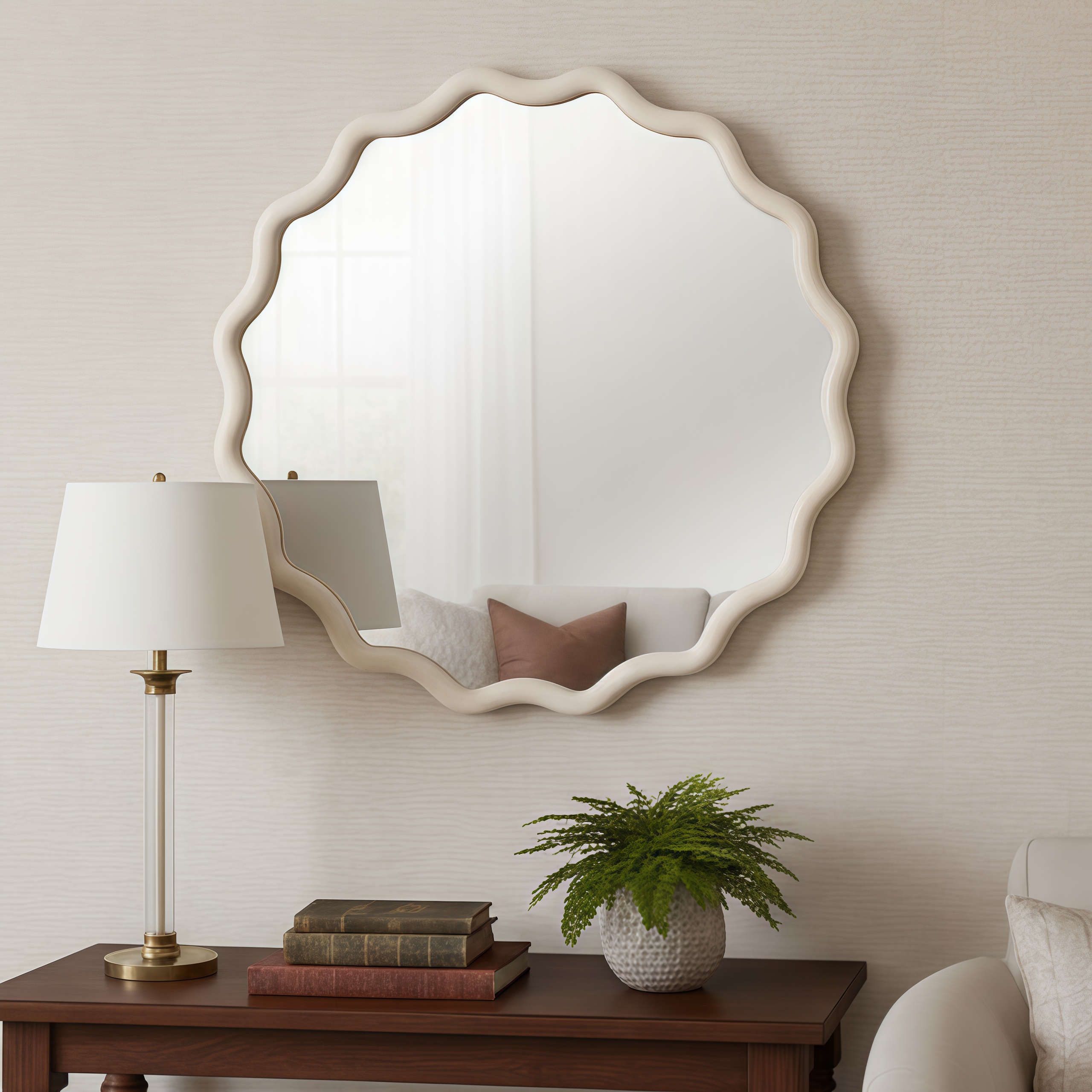Miroir décoratif rond ondulé blanc de 36 pouces, cadre en bois massif
