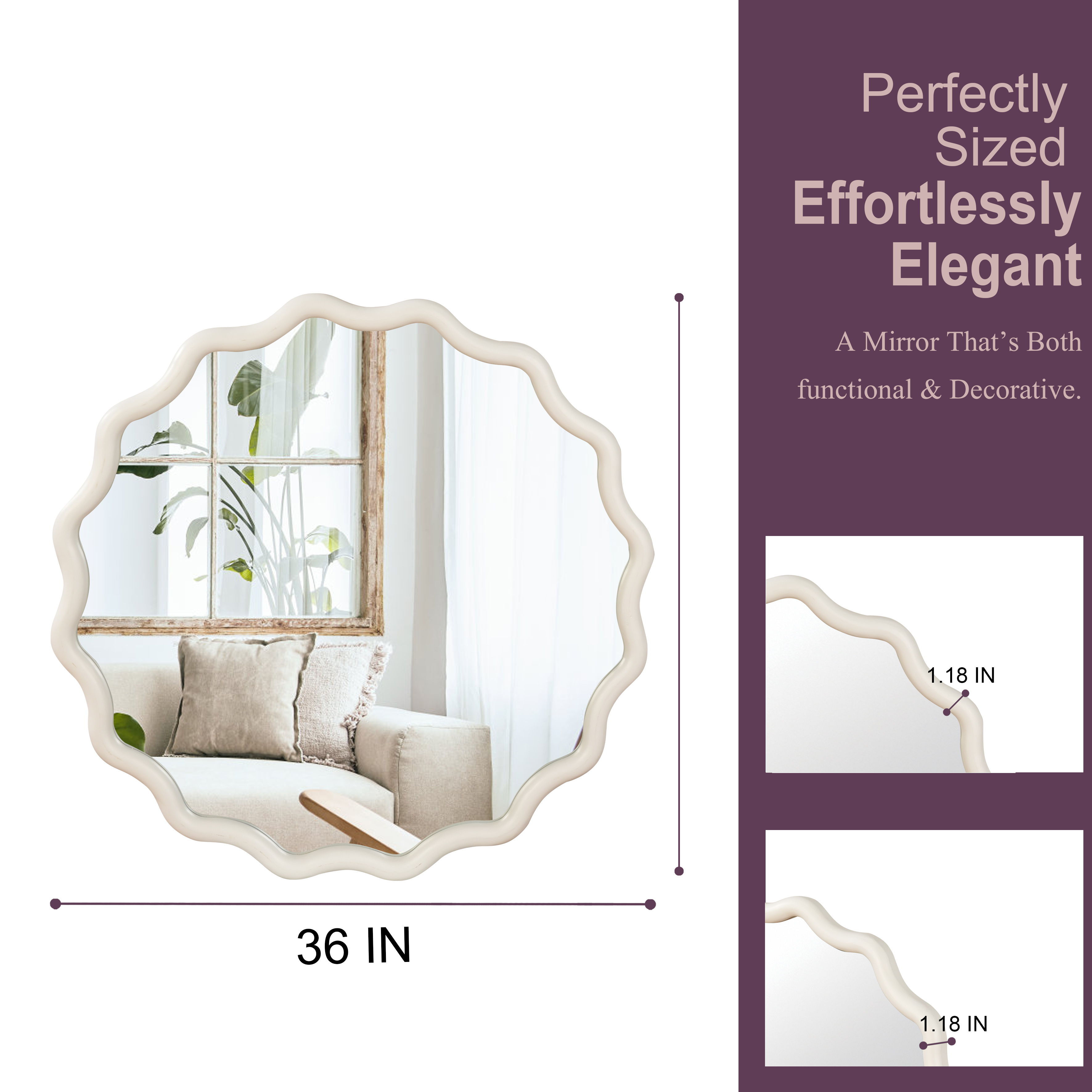 Miroir décoratif rond ondulé blanc de 36 pouces, cadre en bois massif – Image 2